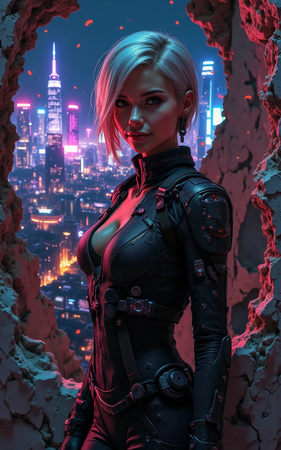 A futuristic woman in Imagenious style, with short platinum blonde hair styled sleek and modern. She stands confidently amidst the ruins of a luxurious, now-decayed apartment. Her sleek, high-tech suit glows faintly with embedded gadgets, blending form and function. Through a jagged hole in the crumbling wall, the vibrant, neon-lit sprawl of a futuristic cityscape is visible, its lights casting vivid reflections on the cracked surfaces. Her expression is enigmatic—calm yet captivating, with a faint smirk that suggests she knows more than she’s revealing. Dust motes dance in the air, illuminated by the neon glow, adding a touch of atmosphere to the scene.