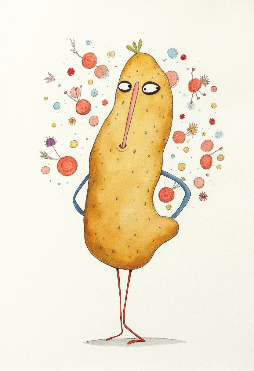 felt pen and watercolor drawing, margeougreve,
A living potato juggling potatoes, surrealism,