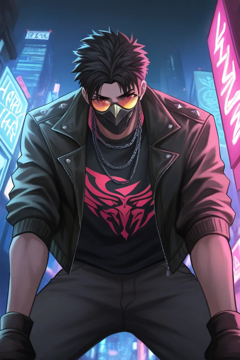 dark environoment, dark, neon lighting, glowing, hiphop theme, masked male focus, leaning forward, looking down at viewer, expressive face, happy, HayabusaML, red_HayabusaML_eyes, black_HayabusaML_spiked hair, mask, sunglasses, hiphop clothes, jacket, asymmetrical print on clothes, chain necklace, pants, 1masked male, blurry outdoors city street, cityscape, scenery, from below, dutch angle,, intricately detailed illustration, masterpiece,best quality,amazing quality,very aesthetic,absurdres,newest