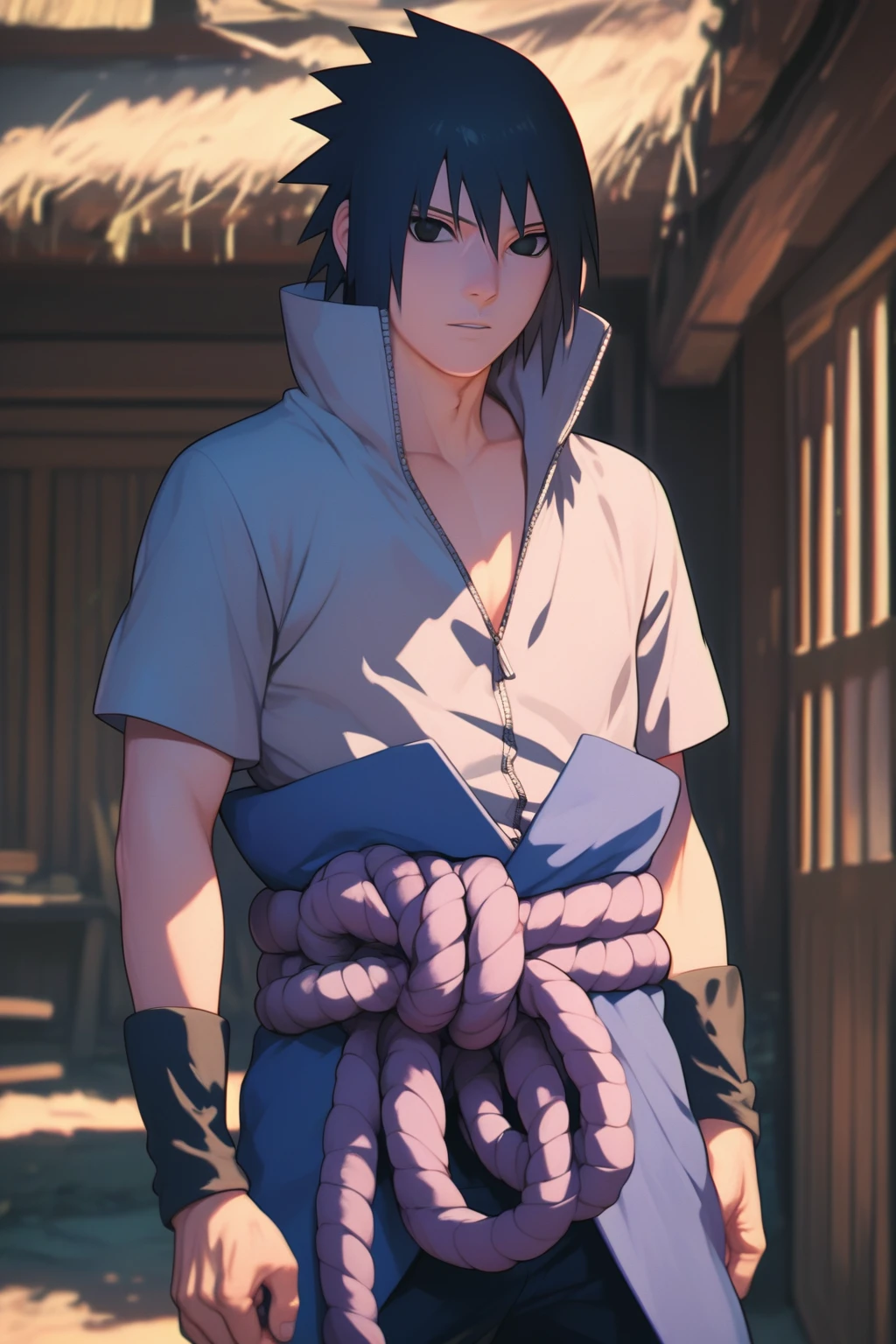 score_9, score_8_up, score_7_up, source_anime, detailed, novel illustration, sasuke uchiha, 1boy, hair between eyes, black hair, black eyes, looking at viewer, grey shirt, short sleeves, collarbone, zipper, zipper pull tab, rope, pants, ninja, standing, cowboy shot, hand on hip, outdoors, nature