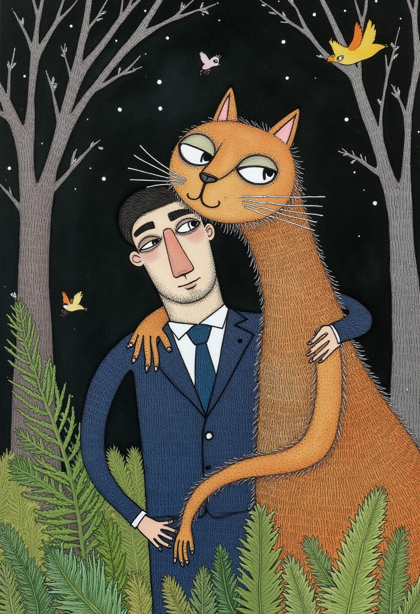 felt pen and watercolor drawing, margeougreve,
a strange creature, a sort of giant cat with a very long neck, thin but very hairy, cuddling a Japanese man in a suit, in a dark forest, lush vegetation. surrealism, cute birds flying around them