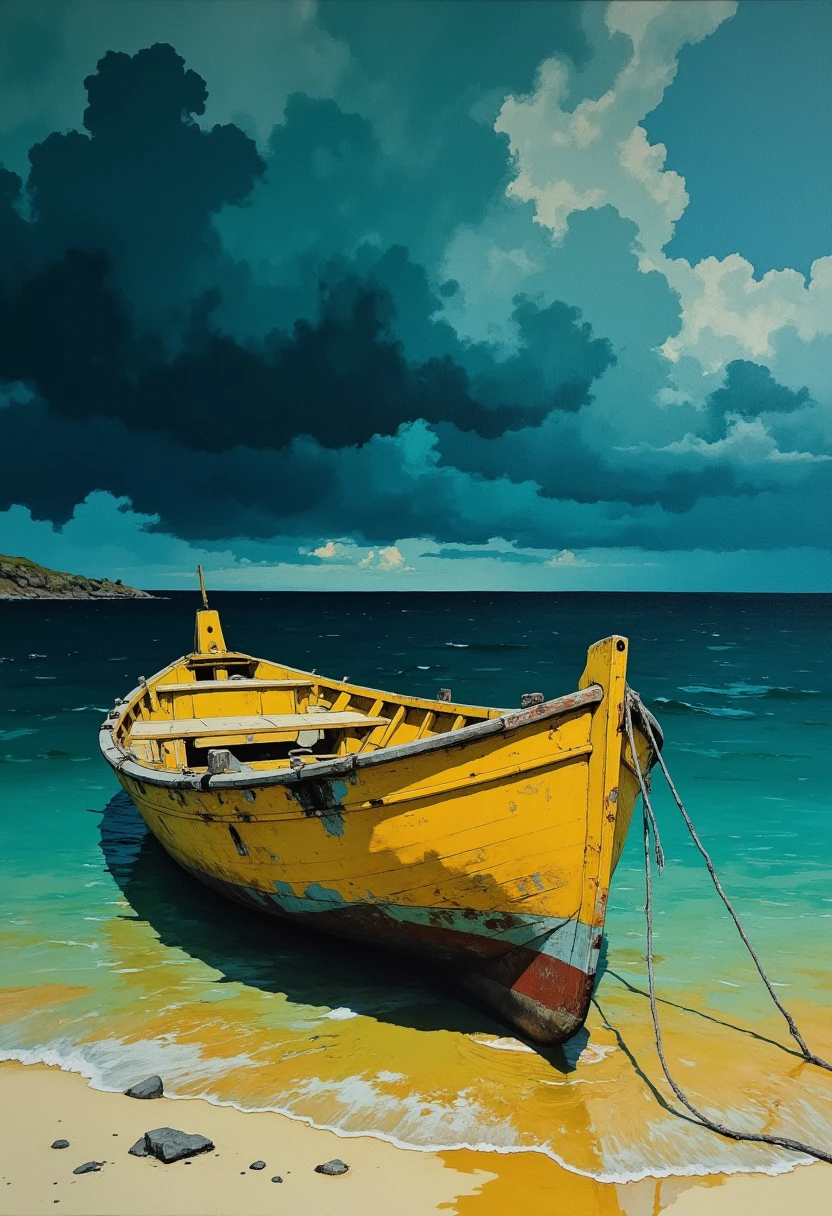 Oil painting featuring a full shot of a weathered, yellow wooden boat resting in calm, shallow water. 
The boat's hull is a faded, mustard yellow, showing signs of age and water damage.  Its structure is intact but appears slightly dilapidated, with some visible discoloration and possible  minor decay.  The water reflecting the boat is a deep teal/turquoise color, darkening towards the bottom of the image.  
The water around the boat appears to have a sandy or muddy bottom, with patches of a yellowish-orange hue. The water's surface mirrors the boat's shape and color perfectly. 
The sky is a dramatic contrast, exhibiting a dark teal and deep blue color, with a layer of heavy, cumulus clouds that cover much of the upper part of the image, suggesting a stormy or overcast environment. 
The overall composition creates a sense of solitude and stillness, focusing on the contrast between the aged boat and the serene, though potentially stormy, environment.