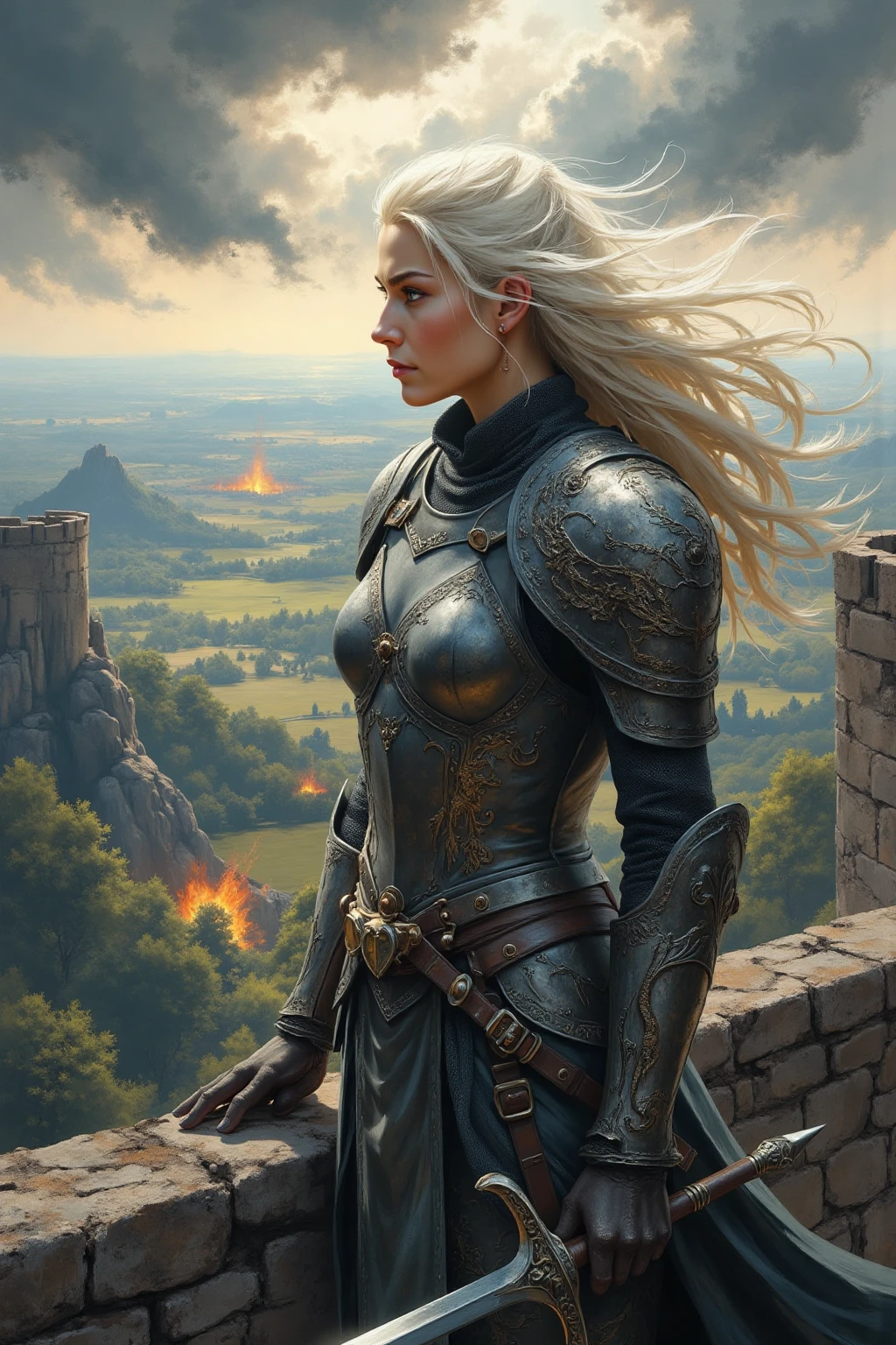 An Imagenious style painting of a fierce warrior woman standing tall on a fortress wall, gazing at an approaching enemy force on the horizon. Her flowing, white hair catches the wind, cascading over the intricate, gleaming metal armor that reflects the pale light of an overcast sky. Her armor is adorned with delicate engravings of mythical beasts, blending strength and beauty. In one hand, she holds a steel-tipped spear, and her other hand rests on the hilt of a finely crafted sword at her side. The background reveals a vast, ominous landscape—a rugged terrain of forests and plains leading up to the fortress, with storm clouds gathering. The scene is tense yet majestic, with glowing embers of light suggesting an oncoming battle.