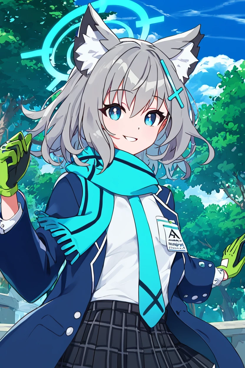 score_9, score_8_up, score_8, medium breasts, (curvy), cute, eyelashes,       BREAK, , ,,,  zzShiroko, blue eyes, animal ears, grey hair, wolf ears, animal ear fluff,  halo, hair ornament, cross hair ornament, mismatched pupils, extra ears, medium hair, blazer, blue scarf, long sleeves, open jacket, pleated skirt, school uniform, solo, blue jacket, blue necktie, hair between eyes, parted lips, plaid skirt, white shirt, black skirt, green gloves, <lora:Shiroko_BlueArchive_PDXL:0.8>,  ,,,  , BREAK, smile, looking at viewer, cowboy shot, ,,, outdoors, sky, day, cloud, tree, blue sky, sunny,  ,,, Expressiveh, ,,, <lora:Alola_Style_PDXL:0.8>, <lora:Expressive_H-000001:0.4>,