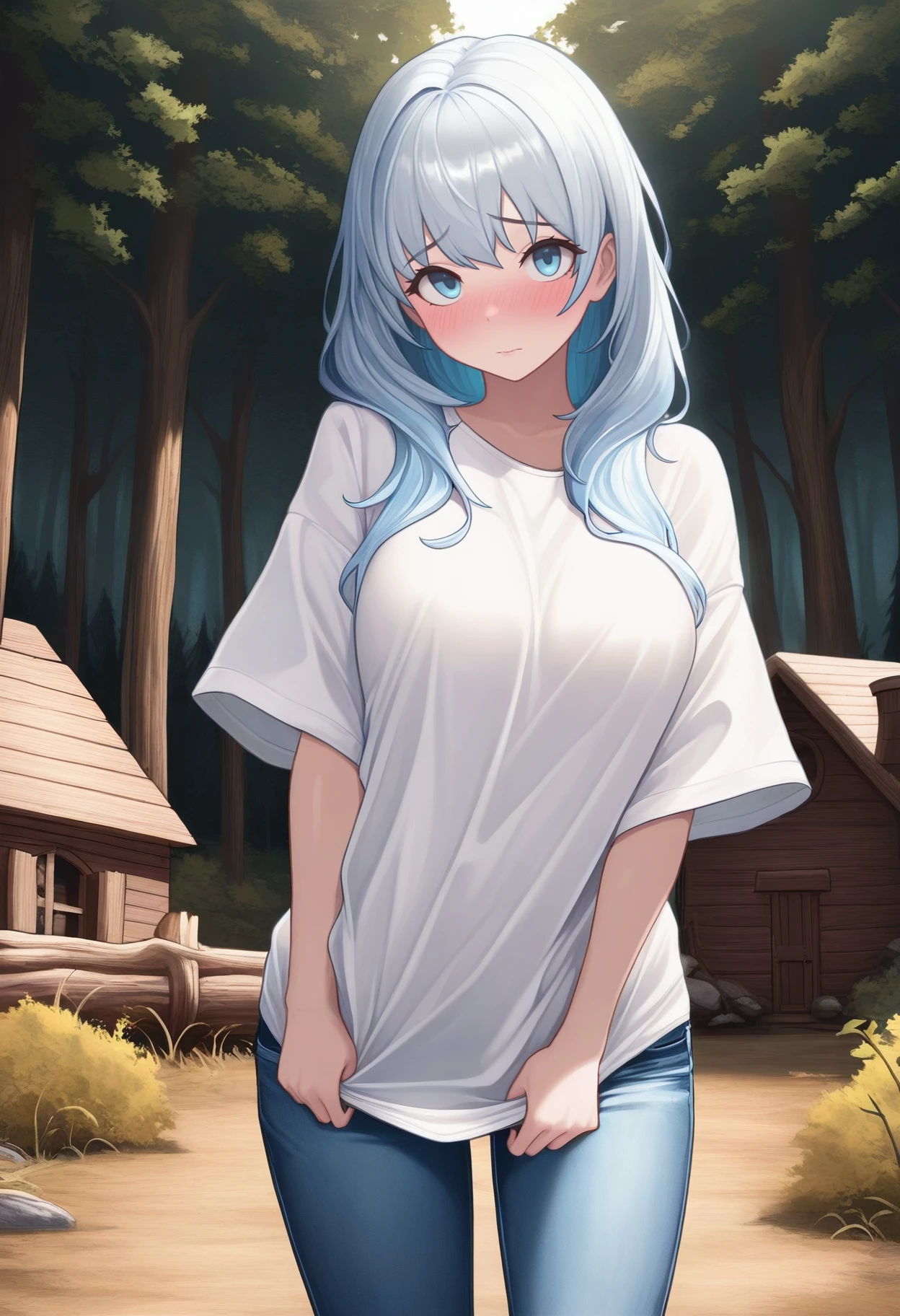 masterpiece, best quality, 1girl, solo, <lora:lostgirl-terraria-richy-v1_ixl:1> lostgirl, blue eyes, blue hair, silver hair, breasts, white shirt, jeans, oversized clothes, looking at viewer, adjusting clothes, clothes pull, shy, blush, outdoors, forest, log cabin,