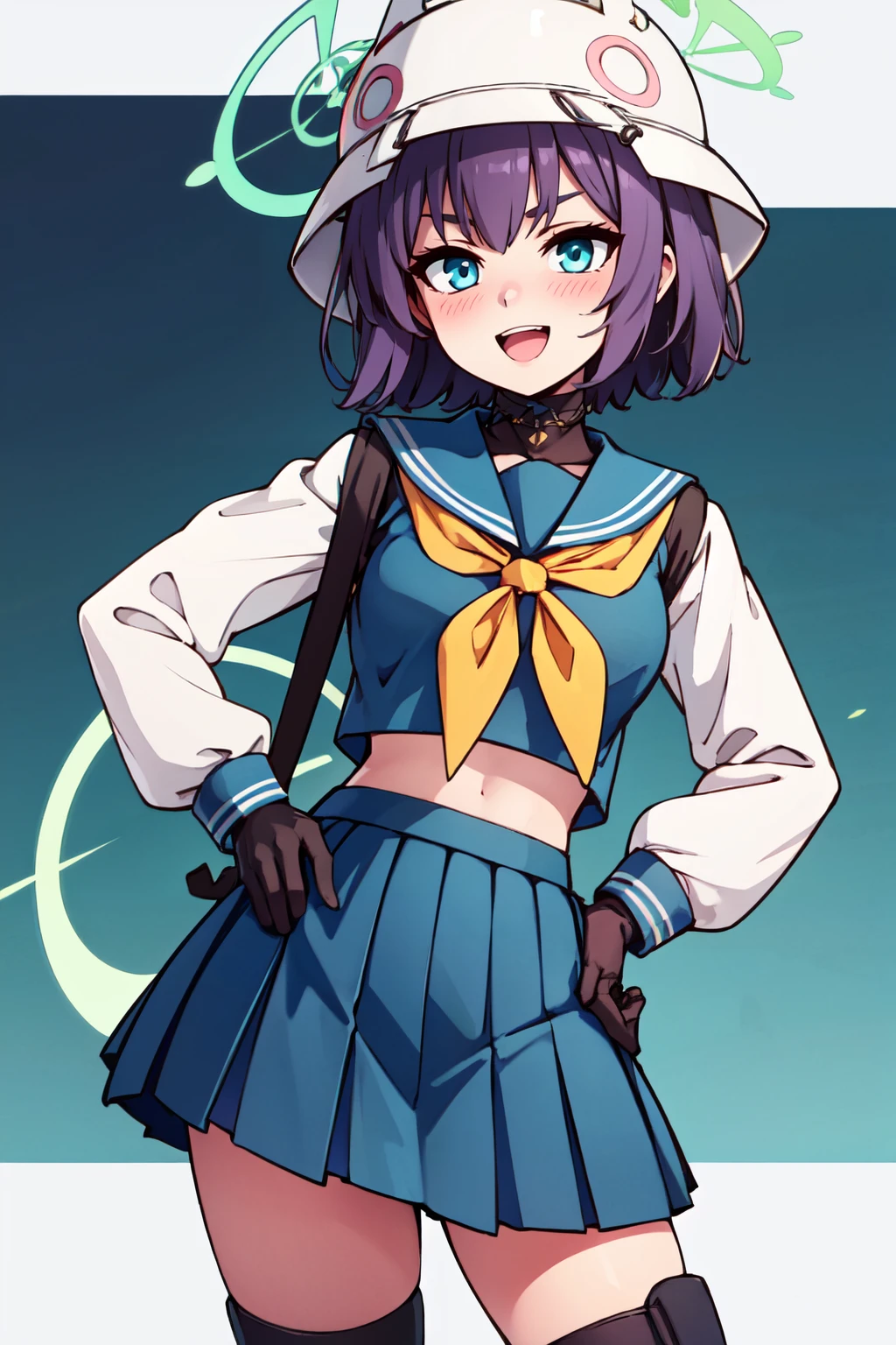 ((masterpiece,best quality)), absurdres,  BREAK, , <lora:Saki_BlueArchive_Citron:0.8>,, zzSaki, short hair, halo, purple hair, hat, blue eyes, bucket hat, green halo, black headwear, black gloves, blue sailor collar, helmet, long sleeves, yellow neckerchief, pleated skirt, animal ears, blue serafuku, blue skirt, knee pads, open mouth, black hair, blush, green eyes, white skirt, black footwear, boots,  hat, blue sailor collar, blue serafuku, blue skirt, yellow neckerchief, black gloves, knee pads  , BREAK, hip to the side, hand on hip, contrapposto,, BREAK, solo, smile, looking at viewer, cowboy shot,