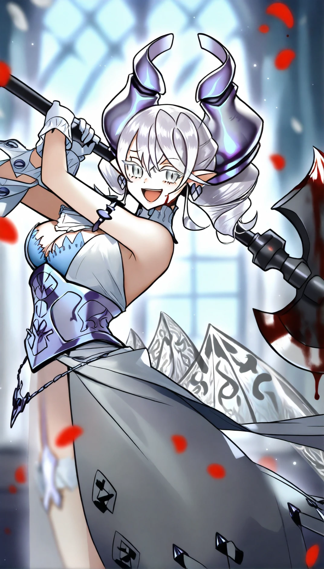 <lora:labrynth:1>,
masterpiece,high quality,
silvercastlelabrynth,
1girl,solo,
white hair,bangs,twintails,pointy ears,
white eyes,white eyelashes,looking at viewer,smile,open mouth,
horns,white collar,corset dress,white gloves,armlet,wings,
detached sleeves,see through underskirt,wings,
white garter stockings,
cowboy shot,(swinging axe:1.4),dynamic pose,blood drip,blood on face,blood splatter,
blurry background,depth of field,indoors,castle,window,curtains,light particles,soft lighting,falling petals,