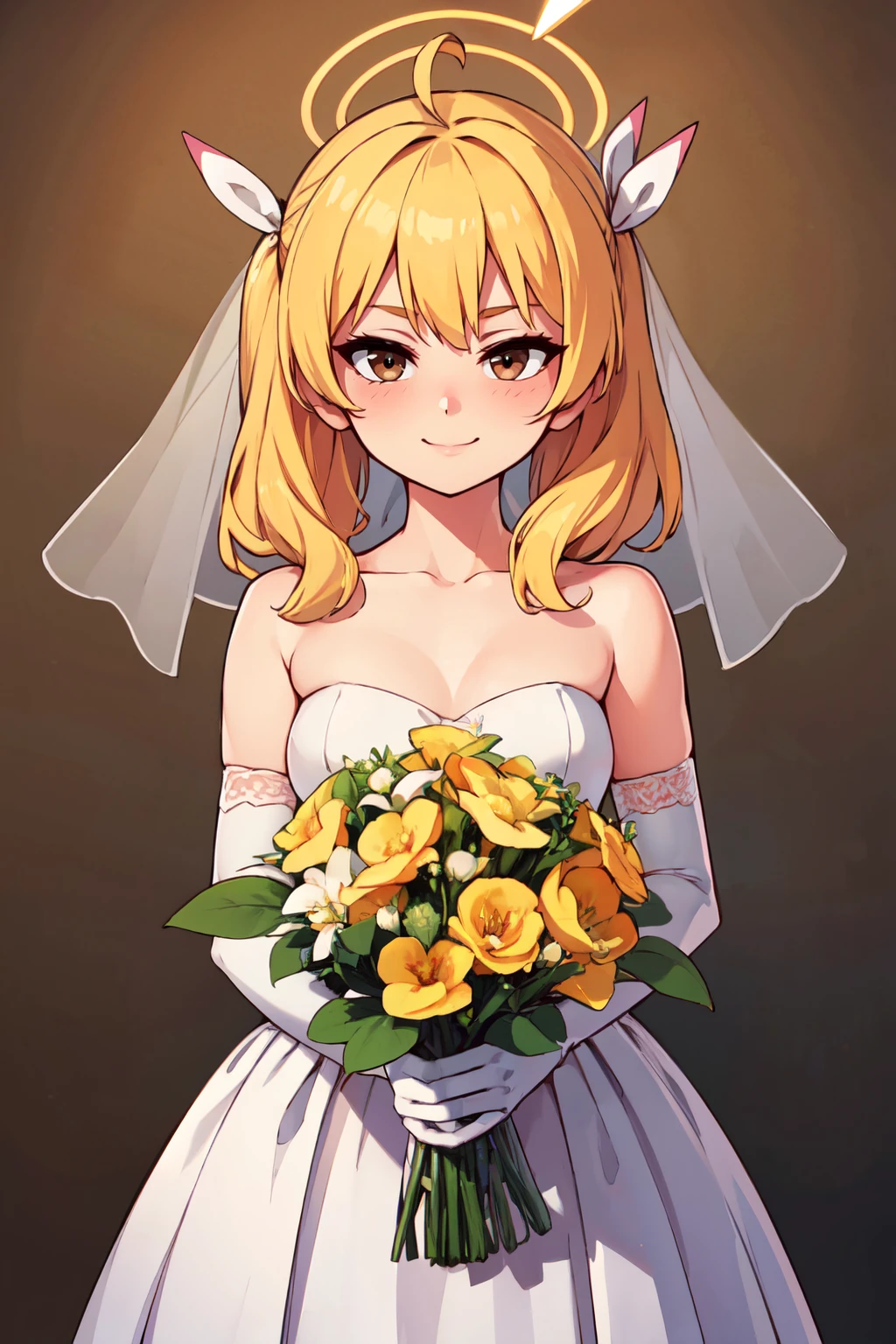 ((masterpiece,best quality)), absurdres,  BREAK, , <lora:Yoshimi_BlueArchive_Citron:0.8>,, zzYoshimi, blonde hair, hair ribbon, halo, ahoge, long hair, brown eyes, BREAK, bride, wedding dress, bridal veil, strapless dress, elbow gloves, holding bouquet,, BREAK, solo, smile, looking at viewer, cowboy shot,