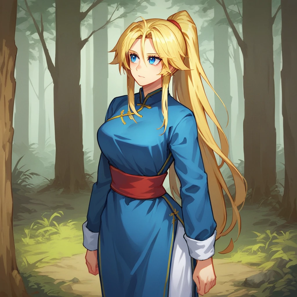 score_9_up, score_8_up, BREAK, KungFuUniform, 1girl, solo, blonde hair, high ponytail, long hair, blue eyes, chinese clothes, cowboy shot, <lora:KungFu_Uniform_PXL_Leaf1:1>, forest,