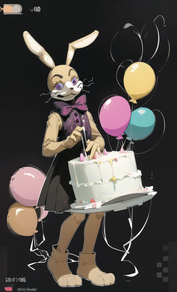 <lora:glitchtrap-06:1> glitchtrap, solo, no humans, bow, rabbit ears ,detailed background, simple background,(( screencap, outlines)), holding cake, birthday hat, balloons, checkered floor, black background, curtains,