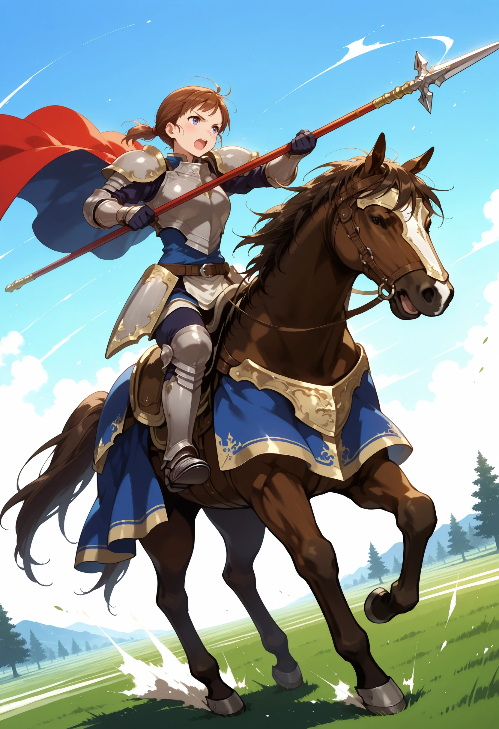 masterpiece,best quality,super detailed,extreme detailed,full_body BREAK nature,field,
BREAK 1girl,Cavalier,armor,cape,gloves,horse,horseback riding,holding spear,<lora:cavaliar-IL:1>,fighting stance,charging forward,open mouth,incoming attack,