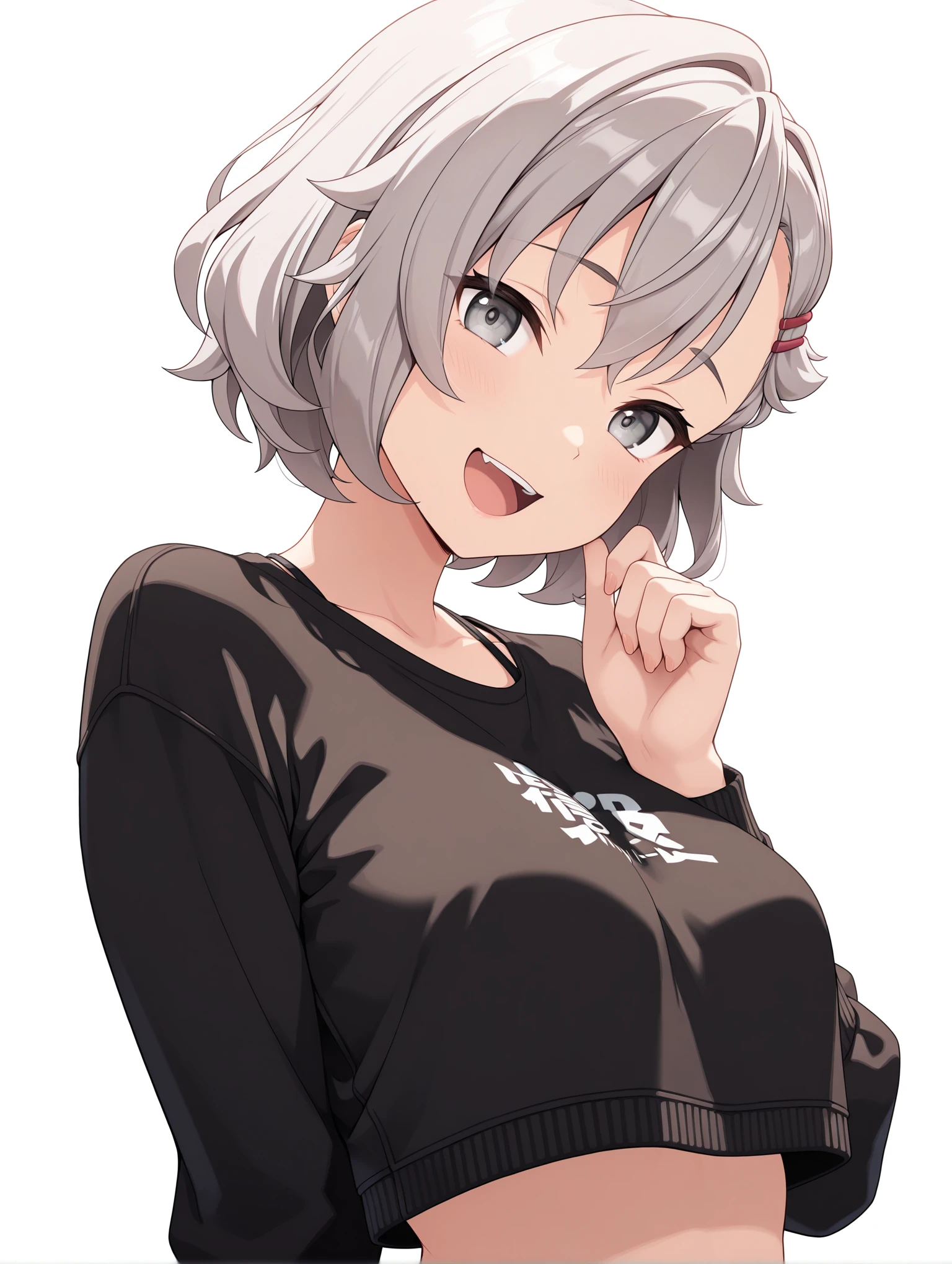 masterpiece,best quality,amazing quality,very aesthetic,absurdres,newest,
1girl,solo,<lora:mitu_ilxl_v1:1>,mitu,grey eyes,grey hair,long_sleeves,hair clip,crop top,
dynamic_angle,simple_background,white background,looking_at_viewer,cinematic_angle,laughing,upper_body,face_focus,from_side,hand_on_own_,, masterpiece,best quality, very aesthetic, absurdres, ultra detailed, high resolution, 4k, extremely detailed CG,