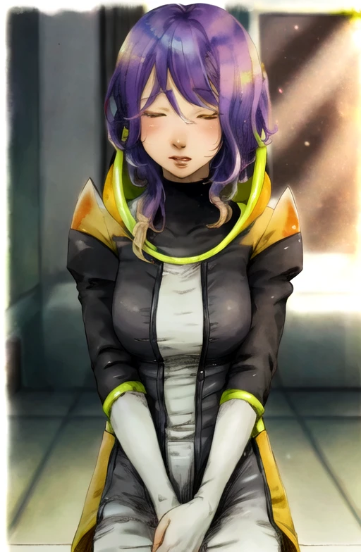 ((best quality)), ((masterpiece)), (detailed),   <lora:Gina-07:0.9>, gina, purple hair, yellow eyes, honey,  blush, kiss, closed eyes