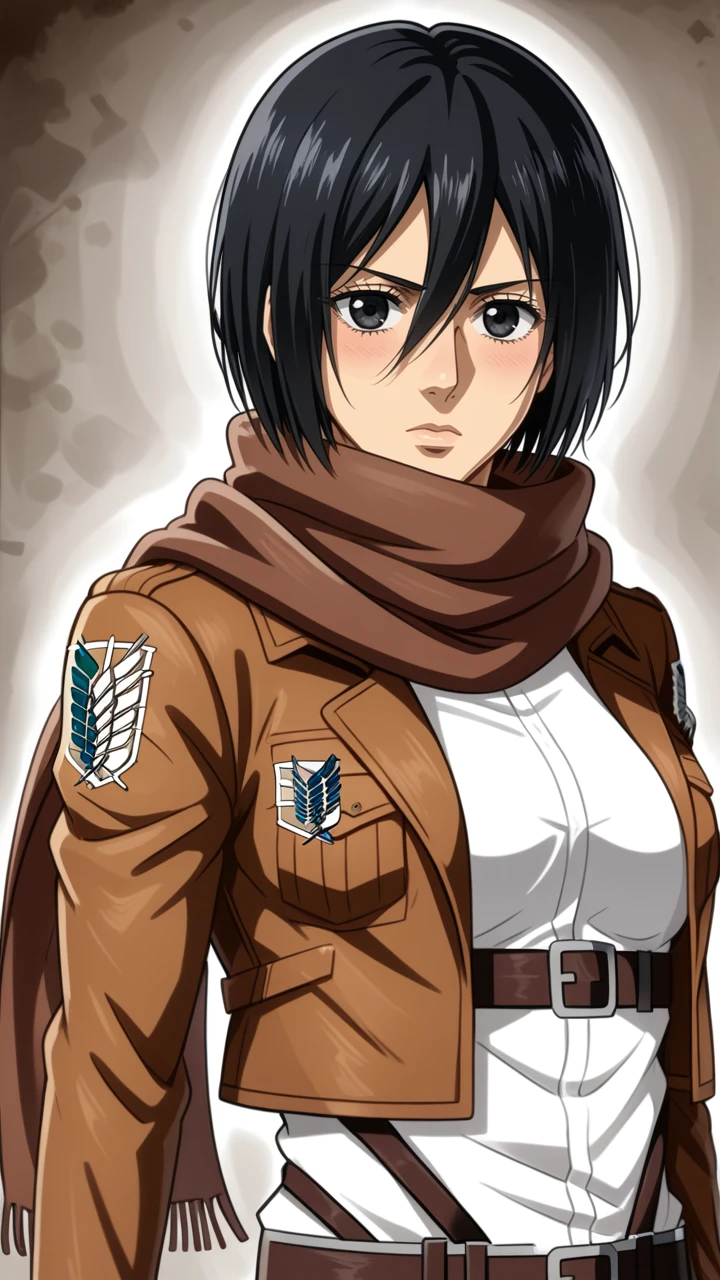 Ponyscores, Jedmiack,black hair, short hair, black eyes, scarf, brown jacket, white blousse, brown belt,  <lora:Mikasa:0.7>