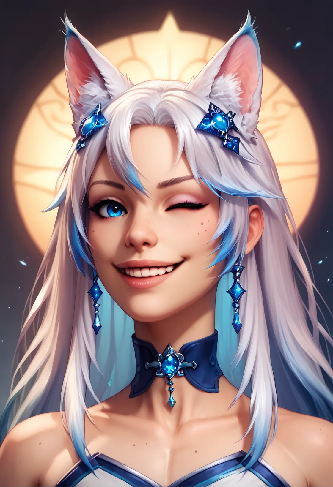 score_9, score_8_up, score_7_up, source_realistic,
dynamic pose, , mischievous, side view, (winking:1.2),
 <lora:smug_alana:.7> al4ana, blue eyes, long hair, white hair, hair ornament, loose hair, choker, detached sleeves, robes, animal ears, smile,  
<lora:Yuni:.7> , femboy, yuni, male, realistic, zPDXL2,,
(masterpiece, best quality, high resolution),  beautiful body, Beautiful Nose, Beautiful character design, perfect eyes,perfect face,
alluring, wallpaper,perfect lighting, Colorful,ultra highres, photography, 8K, ,