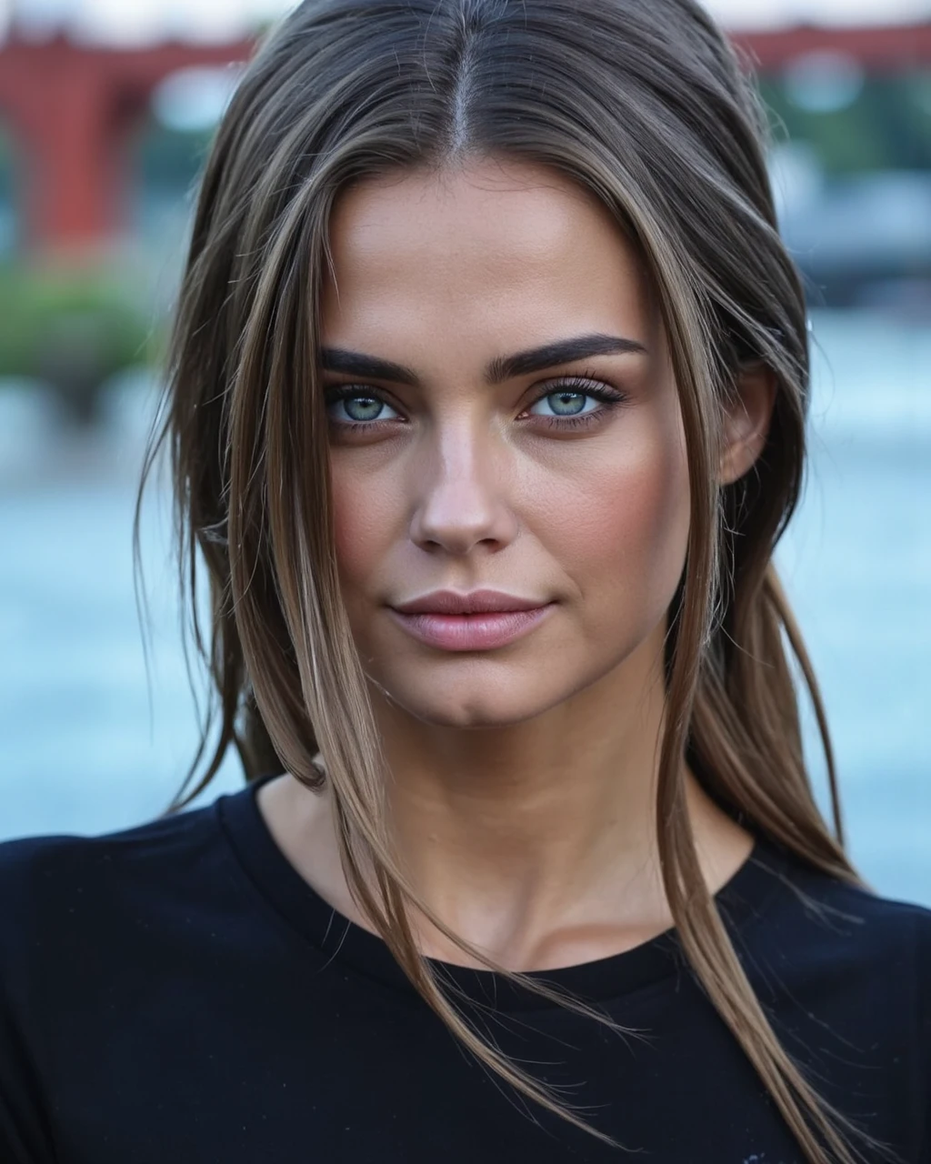 A high-resolution photograph of xenia_deli with striking blue eyes, fair skin, and long, straight brown hair that flows in the wind, partially obscuring her face. She has a slender, symmetrical face with high cheekbones and a small, slightly upturned nose. Her eyebrows are well-groomed and thick, framing her piercing blue eyes. She is wearing a black t-shirt with a white logo partially visible at the top of the frame. The background is blurred, featuring a mix of muted blue and green tones, suggesting an outdoor setting, possibly near a body of water or a bridge, with a hint of red structures in the background. The lighting is soft and natural, with a slight blue hue, enhancing her skin tone and giving her a serene, almost ethereal appearance. The overall mood of the photograph is intimate and contemplative, with a focus on the subject's face and expression.