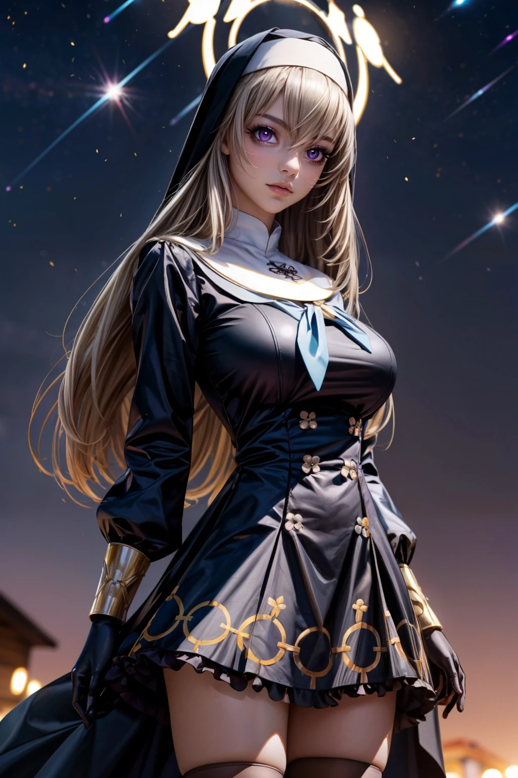 (ultra realistic,32k, masterpiece:1.2),(high detailed skin:1.1),( high quality:1.1), <lora:IllyasvielVonEinzbern_v1:0.7>, zzIllya, looking at viewer, night, outdoors, sky, BREAK,   <lora:Sakurako_BlueArchive_Citron:0.8>, zzSakurako, long hair, grey hair, halo, purple eyes, hair between eyes, crossed bangs, very long hair, , black dress, blue neckerchief, habit, juliet sleeves, nun, black gloves, black thighhighs, , frilled dress, red eyes  ,BREAK,  blooming stars, luminescent petals, otherworldly fragrance blurry background, (looking at viewer, standing:1.1), huge breast, large breast, <lora:add_detail:0.92>, (glowwave:1.1),