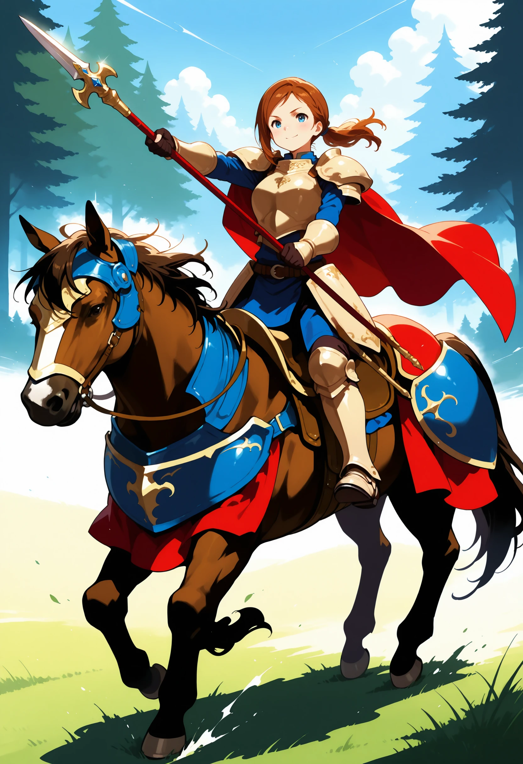 masterpiece,best quality,super detailed,extreme detailed,full_body BREAK nature,field,
BREAK 1girl,Cavalier,armor,cape,gloves,horse,horseback riding,holding spear,<lora:cavaliar-IL:1>,