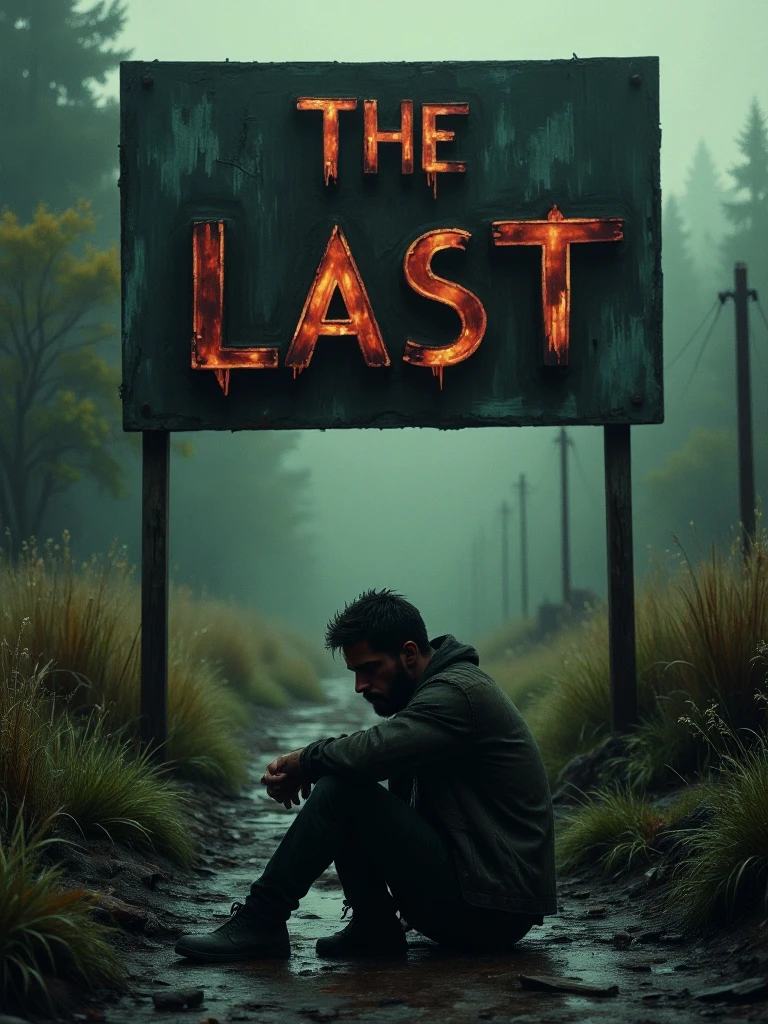 A murky, dramatic, apocalyptic sign: "The Last". 

Reeking of despair, dilapidation. A broken man, sitting on the muddy path.

thlstCE_style