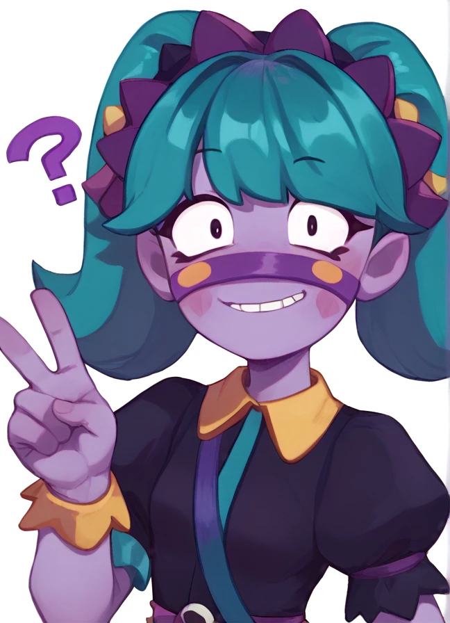 Score_9, Score_8_up, Score_7_up ,hkemz , 1girl , purple skin, aqua hair, twintails, bangs, purple nose band ,nose covered , blush stickers, black dress , puffy sleeves , looking at viewer,<lora:PossumMachine:1>posmach , ??? <lora:hkemz:1> ,smile ,, v , confused , ???