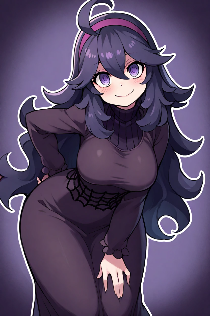 masterpiece, best quality, absurdres, medium breasts, (curvy), cute, eyelashes, vivid colors, BREAK, ,,, , ,,, hex maniac (pokemon), long hair, ahoge, purple hairband, purple eyes, large breasts, long dress, <lora:HexManiacPokemonIXL:1.0>, ,,, , ,,, smile, looking at viewer, ,,, smile, looking at viewer, leaning forward, head tilt, blush, <lora:CatalystIXL:0.7>, <lora:ZankuroIXLLight_v2:0.6>,