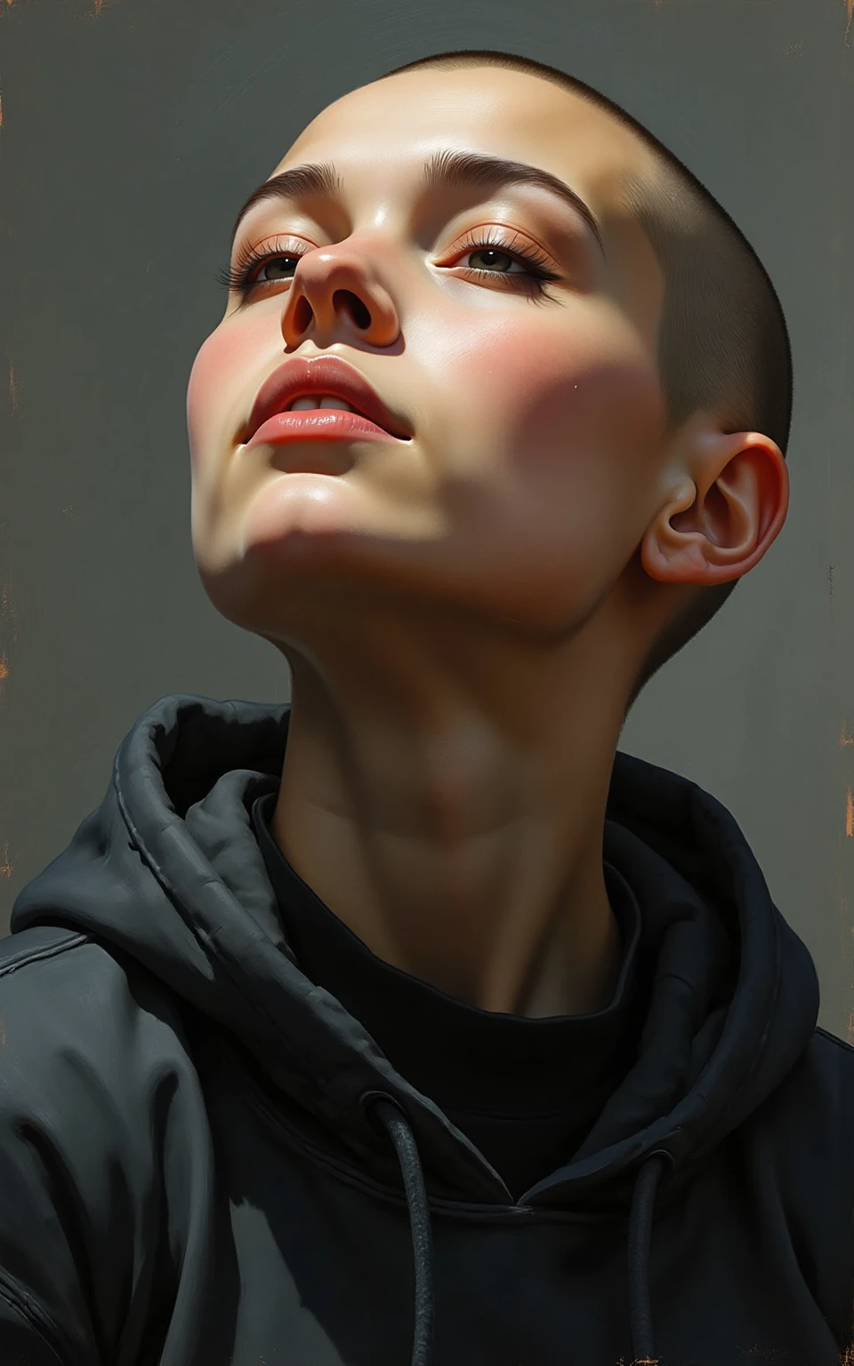 A painting in imagenious style depicting a close-up portrait of a woman with a shaved head, rendered in a highly detailed, realistic style. The subject is a light-skinned individual with a lean physique, viewed from the chest up, gazing upwards with eyes closed, conveying a serene or contemplative expression. Her skin has a subtle sheen, suggesting moisture or perspiration, adding to the realistic texture. The person's face is finely detailed with a sharp jawline and a smooth, unblemished complexion. They wear a high-necked, dark garment, likely a hoodie or turtleneck, with a matte texture that contrasts sharply against their skin.