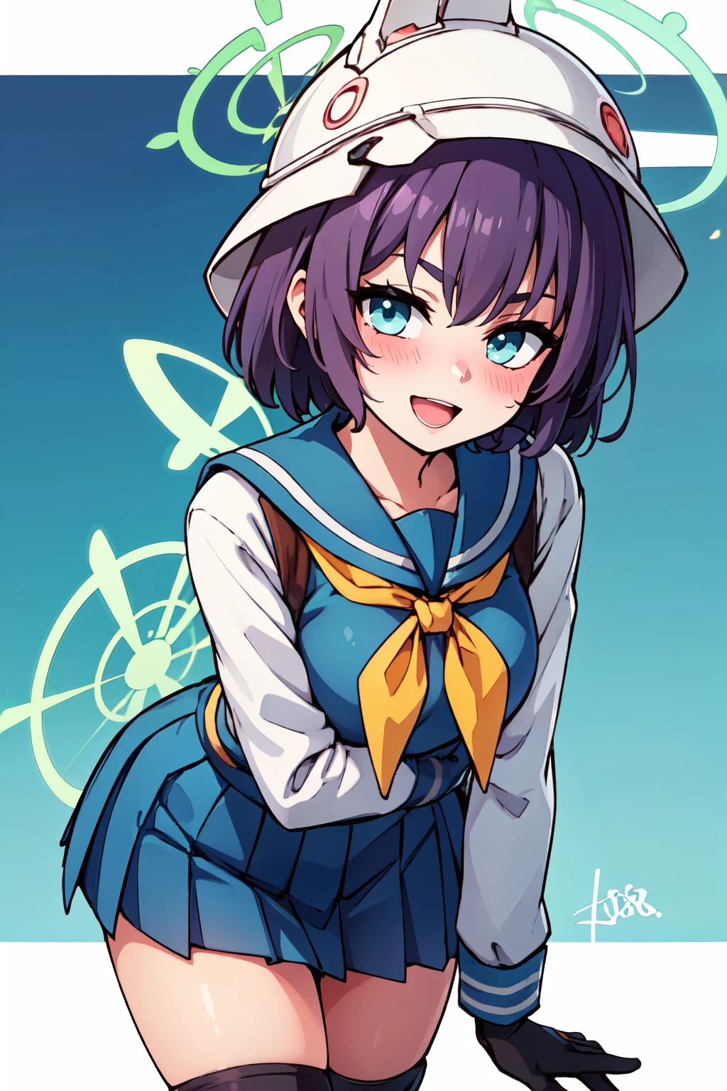 ((masterpiece,best quality)), absurdres,  BREAK, , <lora:Saki_BlueArchive_Citron:0.8>,, zzSaki, short hair, halo, purple hair, hat, blue eyes, bucket hat, green halo, black headwear, black gloves, blue sailor collar, helmet, long sleeves, yellow neckerchief, pleated skirt, animal ears, blue serafuku, blue skirt, knee pads, open mouth, black hair, blush, green eyes, white skirt, black footwear, boots,  hat, blue sailor collar, blue serafuku, blue skirt, yellow neckerchief, black gloves, knee pads  , BREAK, leaning forward, head tilt, blush, upper body,, BREAK, solo, smile, looking at viewer, cowboy shot,