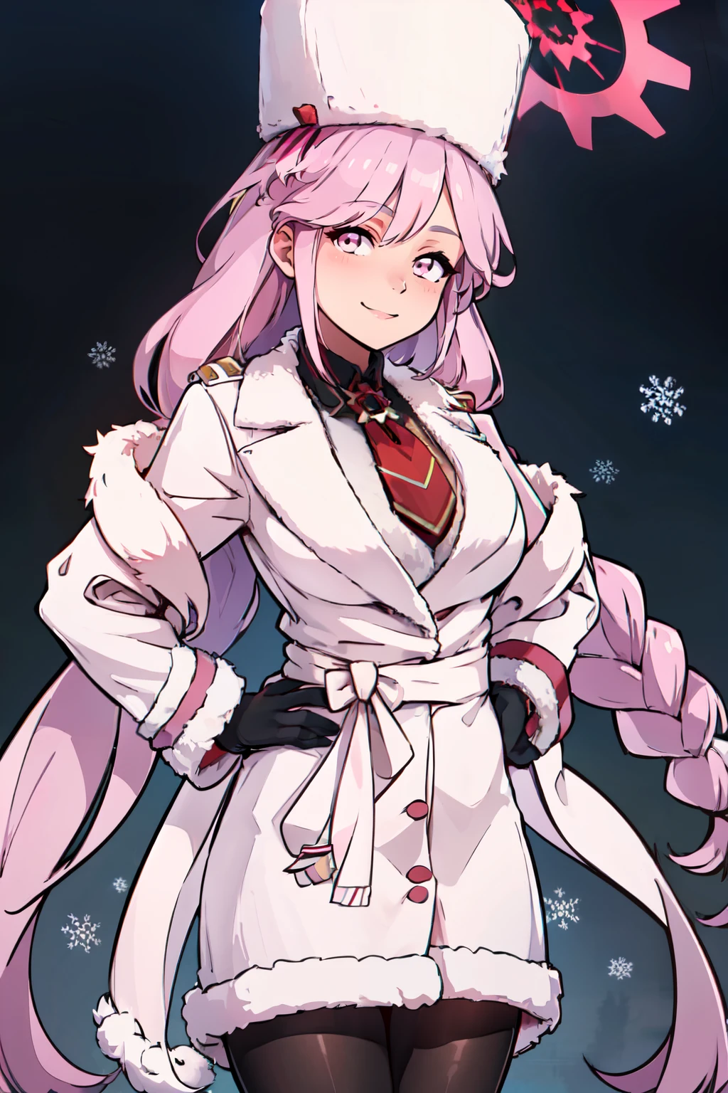 ((masterpiece,best quality)), absurdres,  BREAK, , <lora:Tomoe_BlueArchive_Citron:0.8>,, zzTomoe, long hair, pink hair, halo, braid, pink eyes, very long hair, black gloves, holding, necktie, ushanka, white headwear, fur trim, long sleeves, winter clothes, black pantyhose, purple hair, twin braids, white coat , BREAK, hip to the side, hand on hip, contrapposto,, BREAK, solo, smile, looking at viewer, cowboy shot,