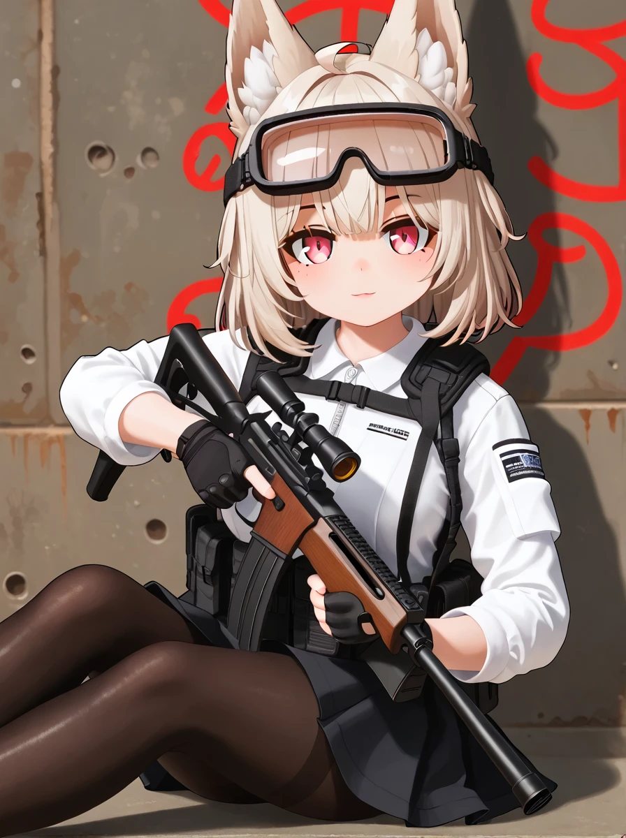 detailed background, shiny skin, posing, rating safe,
<lora:nanako.pony:1>,
nanako,
medium breasts,
dress,
holding rifle, tactical goggles, aiming viewer,
scope to eye, keeling down, sit,
black pantyhose,