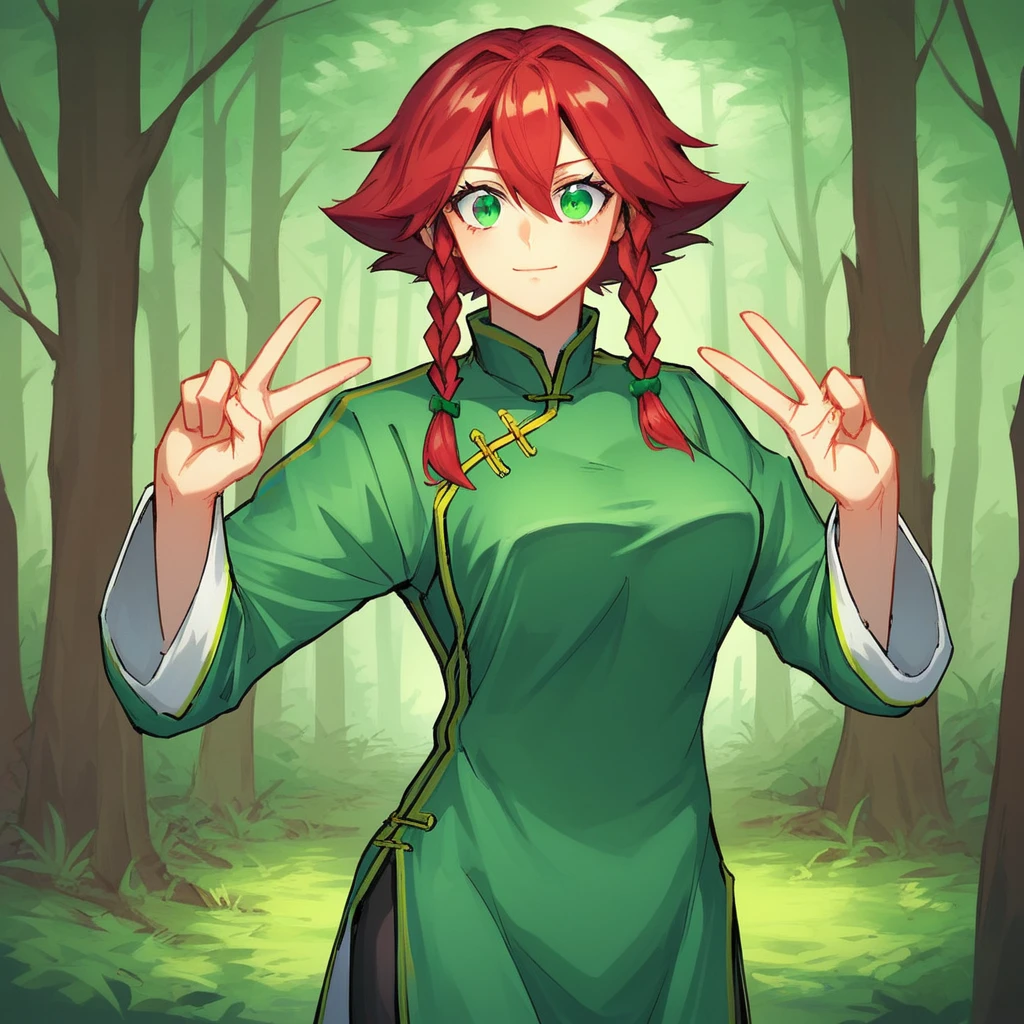 score_9_up, score_8_up, BREAK, KungFuUniform, 1girl, solo, red hair, twin braids, green eyes, chinese clothes, cowboy shot, double v, <lora:KungFu_Uniform_PXL_Leaf1:1>, forest,