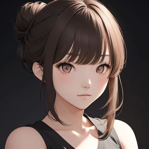 anime character, close-up portrait, nanami, neutral expression, dark brown hair, hairbun, sidelocks, brown eyes, black crop top, black mini skirt, soft lighting, simple background, high detail, anime style