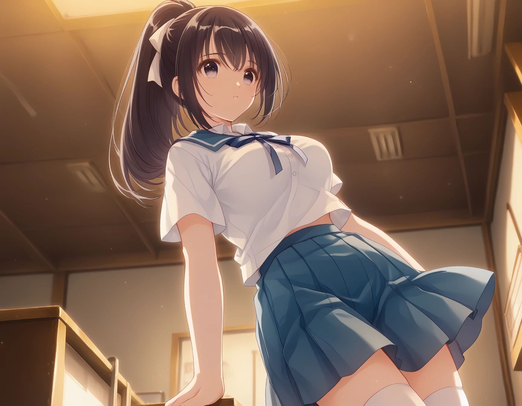 classroom、on the desk、A cute light orange bra、A cute white thong showing through a cute light orange mini skirt、barefoot、Raw milk、Beautiful breasts、Girl peeing during orgasm、