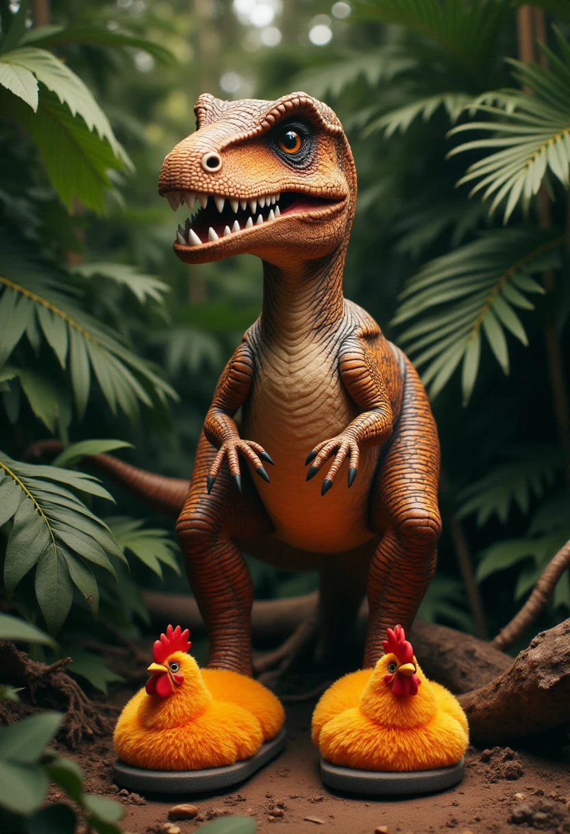 <lora:Plush_Slipper_Shaper_FLUX:0.7>  
Photograph showcasing a velociraptor wearing a pair of slippers shaped like roosters on its feet. It is standing in a jungle forest