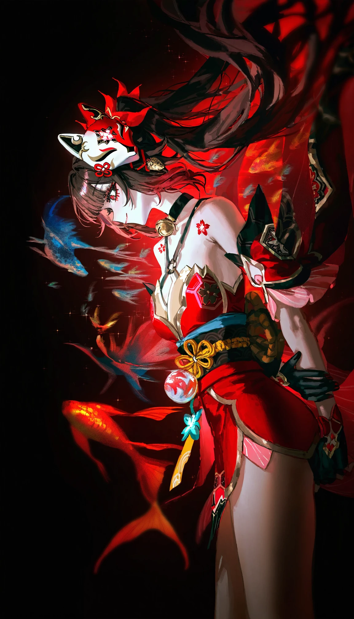 masterpiece,best quality,artist:john_kafka,artist:nixeu,artist:quasarcake,chromatic aberration,film grain,high contrast,color contrast,cold colors,gritty,graphite \\\\(medium\\\\),
sparkle \(honkai: star rail\)，
1girl, arms behind back, bare shoulders, bell, bent over, black choker, black gloves, breasts, brown hair, choker, closed mouth, cowboy shot, criss-cross halter, detached sleeves, dress, fish, floating hair, flying fish, fox mask, from side, gloves, halterneck, legs apart, long bangs, long hair, looking down, mask, mask on head, medium breasts, nail polish, neck bell, obi, own hands together, red dress, red eyes, red nails, red sleeves, sash, short dress, short sleeves, sideways, sleeveless, sleeveless dress, smile, solo, twintails, very long hair