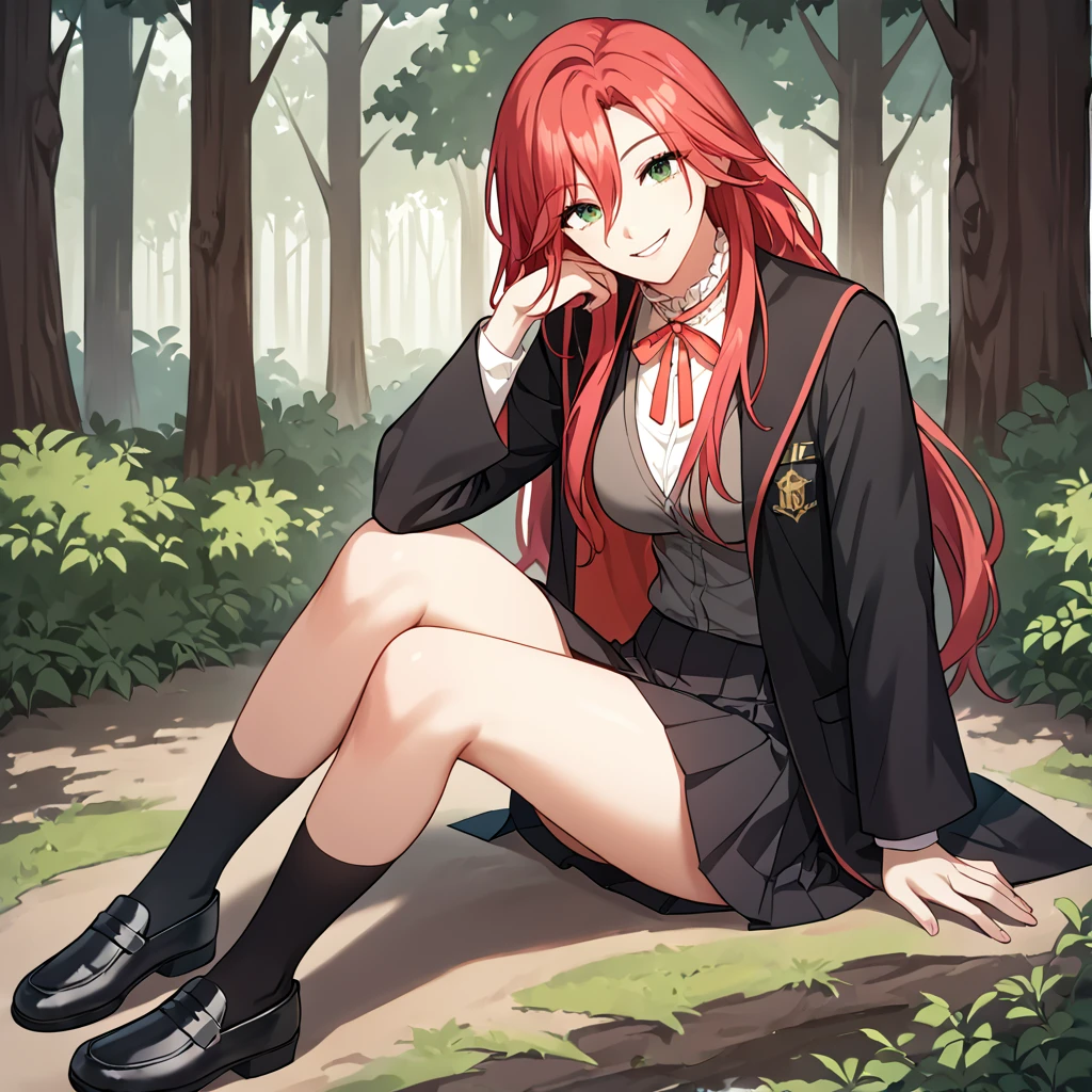 1girl, solo, amy_karmis, green eyes, red hair, long hair, breasts, bangs, hair between eyes, ribbon, neck ribbon, red ribbon, black robe,  white shirt, frilled collar, school uniform, grey vest, black skirt, black footwear, 
looking at viewer, sitting, black socks, black footwear, smile, head tilt, 
score_9, score_8_up, score_7_up, masterpiece,zPDXL3, outdoors, on ground, forest, 
 <lora:Amy_Karmis:0.6>