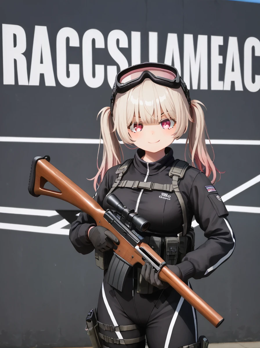 detailed background, shiny skin, posing, rating safe,
<lora:nanako.pony:1>,
nanako,
medium breasts, 
battle suit, 
 twintails, 
holding rifle, tactical goggles, aiming viewer, smirk,