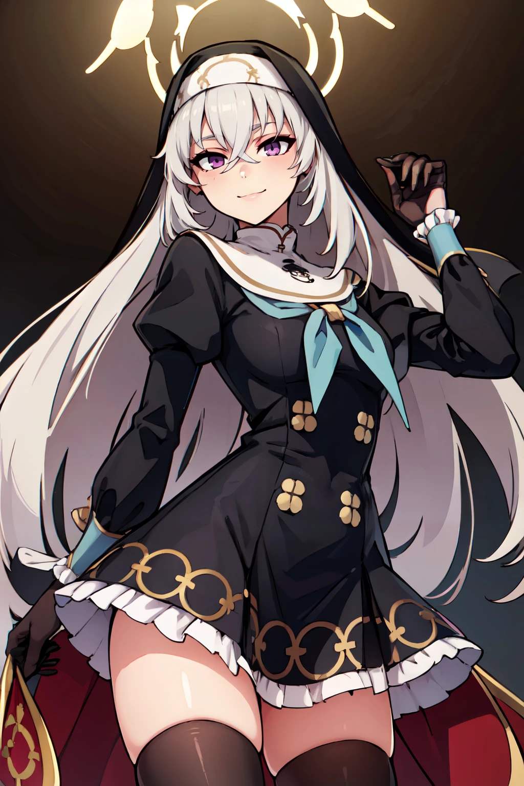 ((masterpiece,best quality)), absurdres,  BREAK, , <lora:Sakurako_BlueArchive_Citron:0.8>,, zzSakurako, long hair, grey hair, halo, purple eyes, hair between eyes, crossed bangs, very long hair, , black dress, blue neckerchief, habit, juliet sleeves, nun, black gloves, black thighhighs, , frilled dress, red eyes , BREAK, hip to the side, contrapposto, cowboy shot,, BREAK, solo, smile, looking at viewer, cowboy shot,