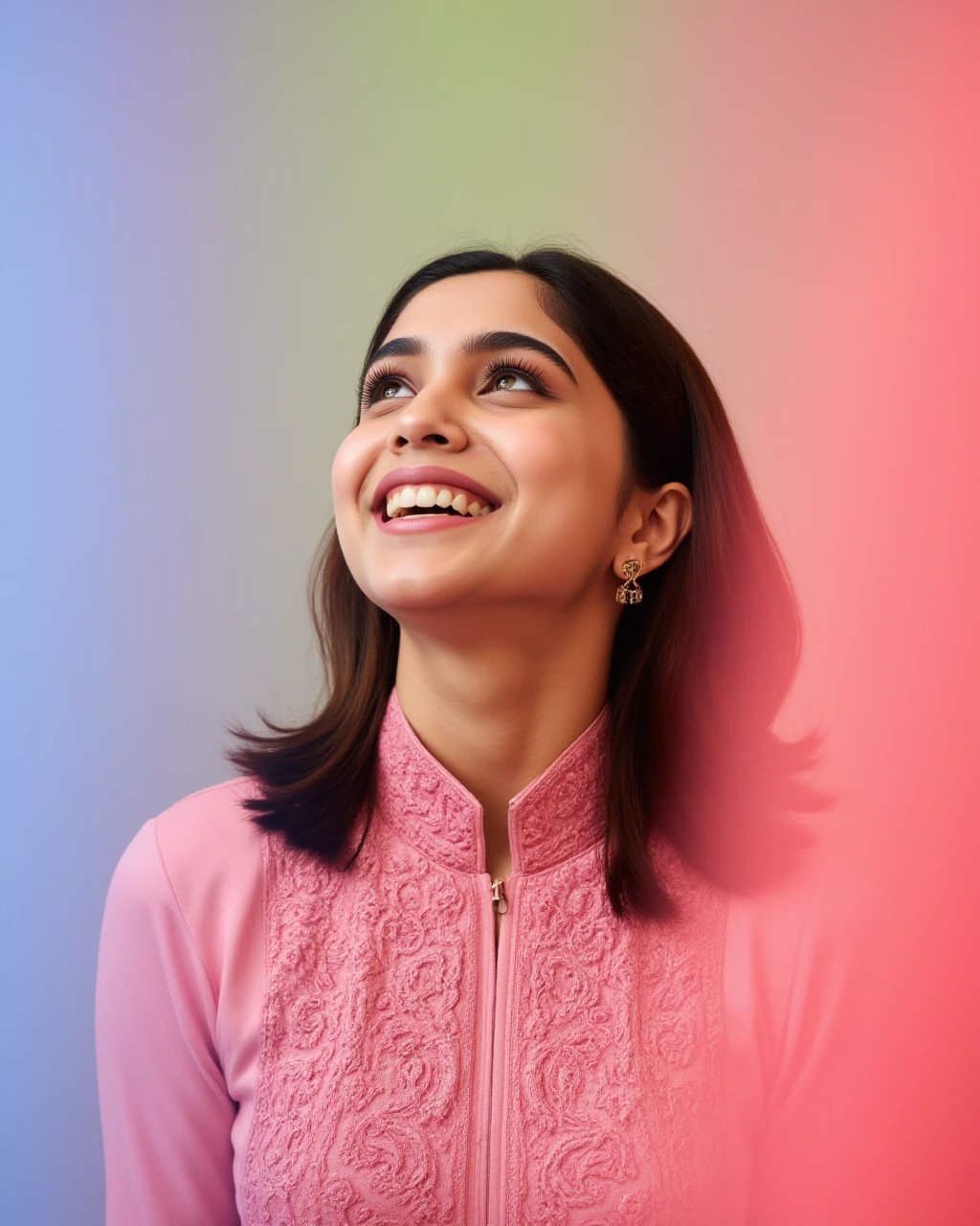 cowboy shot photo of Sharvari Wagh woman,candid photo with natural colors, laughing expression on face,studio quality, wearing intricate conservative turtleneck Pink Salwar Kameez, straight hair, pastel shaded multicolored background, cinematic soft lighting<lora:TestBed\Sharvari_Wagh_2024_Flux_Kohya_LoRA_v1.safetensors:1.0:1.0>