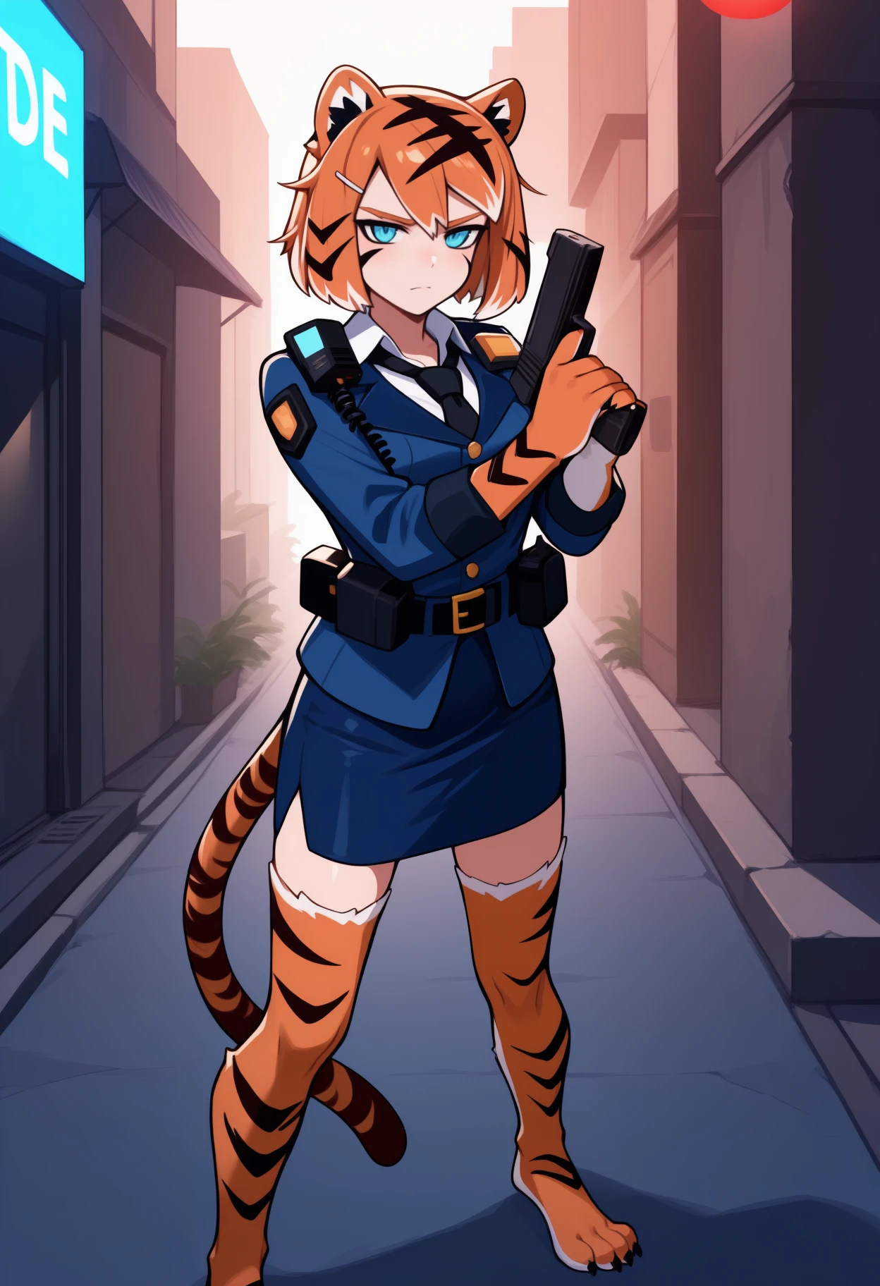 masterpiece, best quality, <break> solo, 1girl, va1erie, tiger tail, animal hands, claws, animal feet, serious, looking at viewer, standing, holding gun, handgun, two-handed, short hair, streaked hair, orange hair, white hair, black hair, tiger ears, blue eyes, police uniform, blue jacket, walkie-talkie, buttons, brown belt, white shirt, collared shirt, black necktie, blue skirt, pencil skirt, tiger print, tiger stripes, print thighhighs, outdoors, city street
<segment:yolo-Anzhc Face seg 640 v2 y8n.pt,0.4,0.5//cid=1>