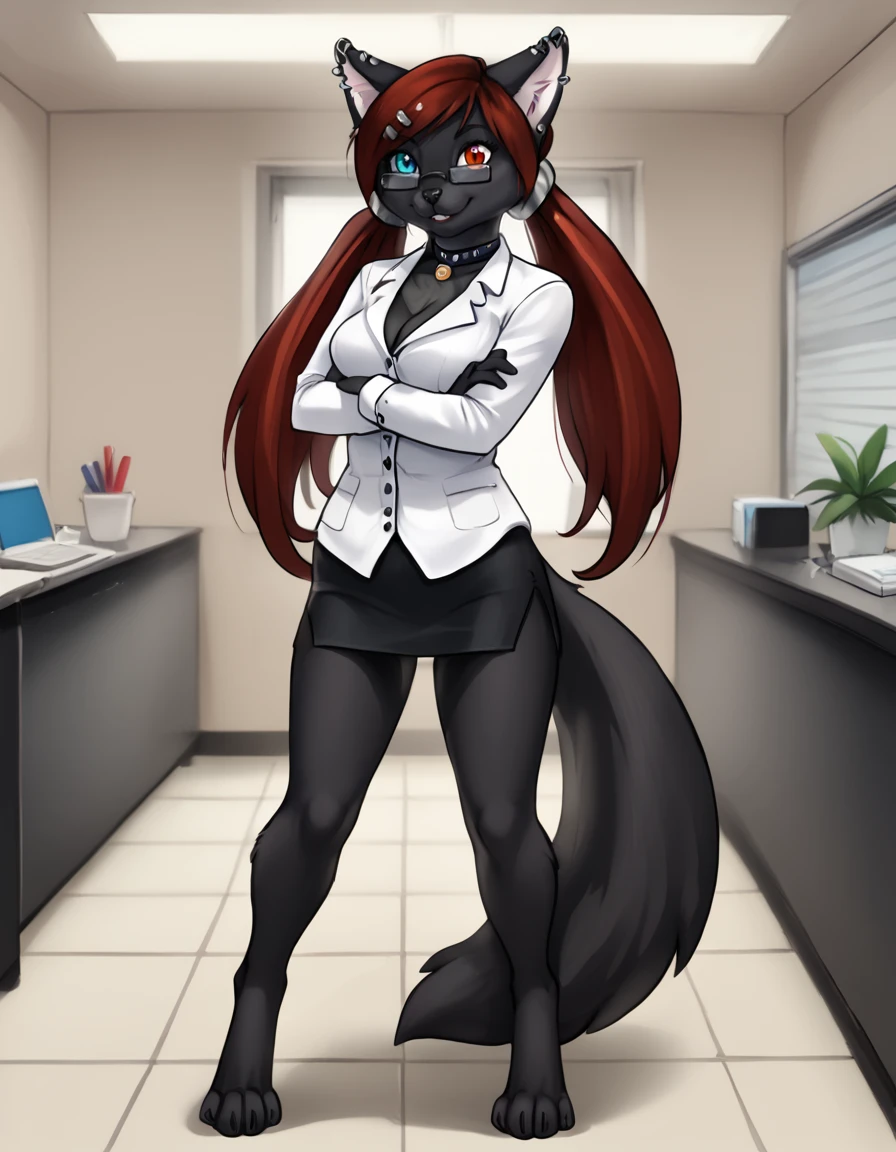 indoors,detailed background,offce,
Sherly_Karu,1girl,solo,animal ears,furry female,red hair,long hair,heterochromia,black fur,glasses,twintails,blue eyes,red eyes,piercing,collar,body fur,cat ears,animal nose,
full body,seductive smile,happy,
office lady,crossed arms,
<lora:Sherly_Karu_v01_PDXL:1>,