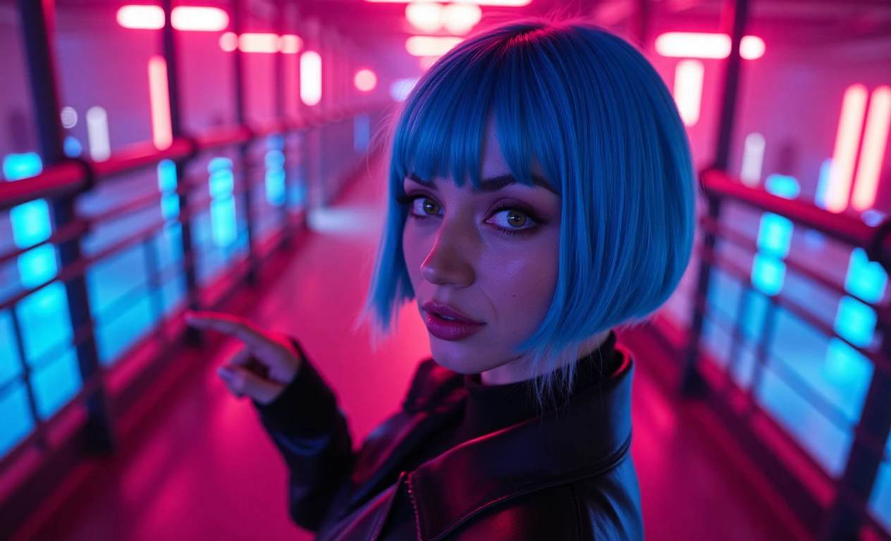 a cinematic shot of ana de armas with striking, bright blue hair and fair skin is depicted in a close-up profile. She has a sleek, futuristic hairstyle with blunt bangs that frame her face. Her expression is contemplative, and she is pointing with her right hand towards the right side of the image. The background is filled with ambient lighting and neon signs, creating a sense of urban decay and technological advancement. The platform he stands on is elevated, with industrial metal railings and a dark, metallic floor. The scene is bathed in a vivid pink and purple color scheme, enhancing the futuristic and surreal atmosphere.