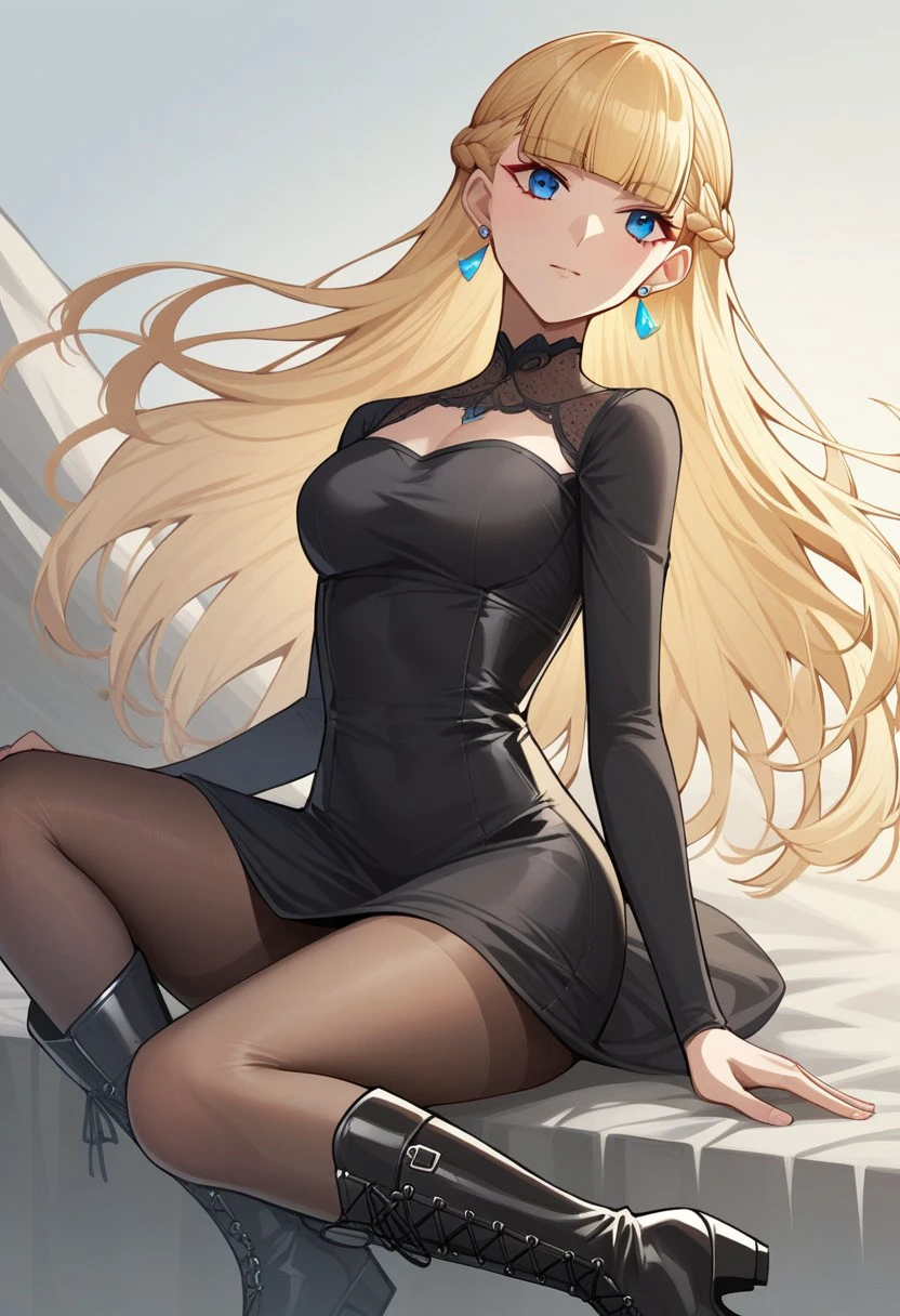 score_9,score_8_up,score_7_up, helena_(kichiku_eiyuu), breasts, long hair, bangs, braid, 1girl, solo, blunt bangs, blonde hair, blue eyes, helena_default, earrings, jewelry, dress, pantyhose, long sleeves, boots,  black dress,