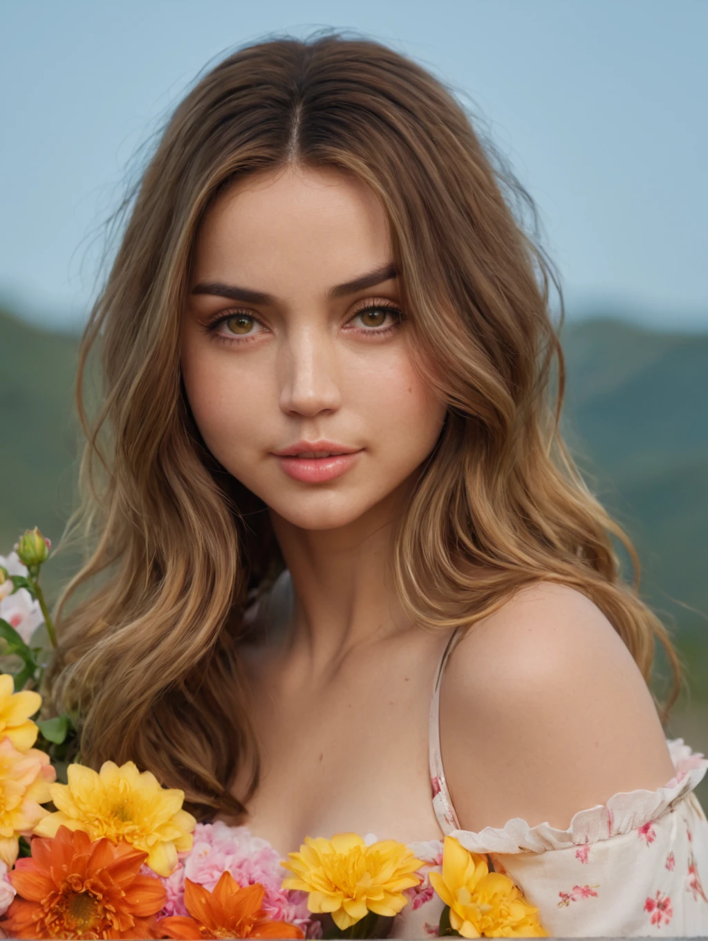 anadearmas, Anadearmas,score_9, score_8_up, score_7_up, anadearmas, cute face, look at camera, pose, long hair, 4k, realistic, flowers in hand,beautiful,cute,full body