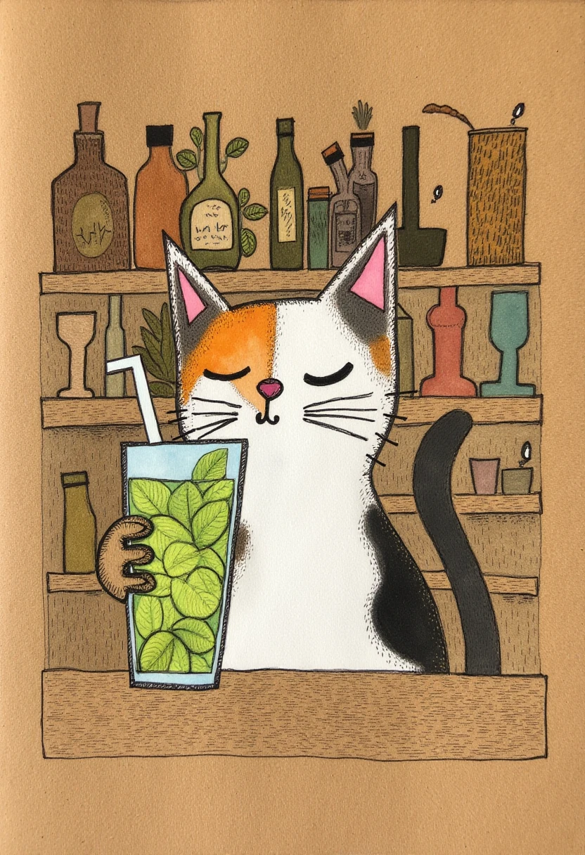 on a sheet of textured kraft paper, drawing with felt pen and watercolor, margeougreve,
a calico cat drinking a mojito, surrealism, in a bar, depressed