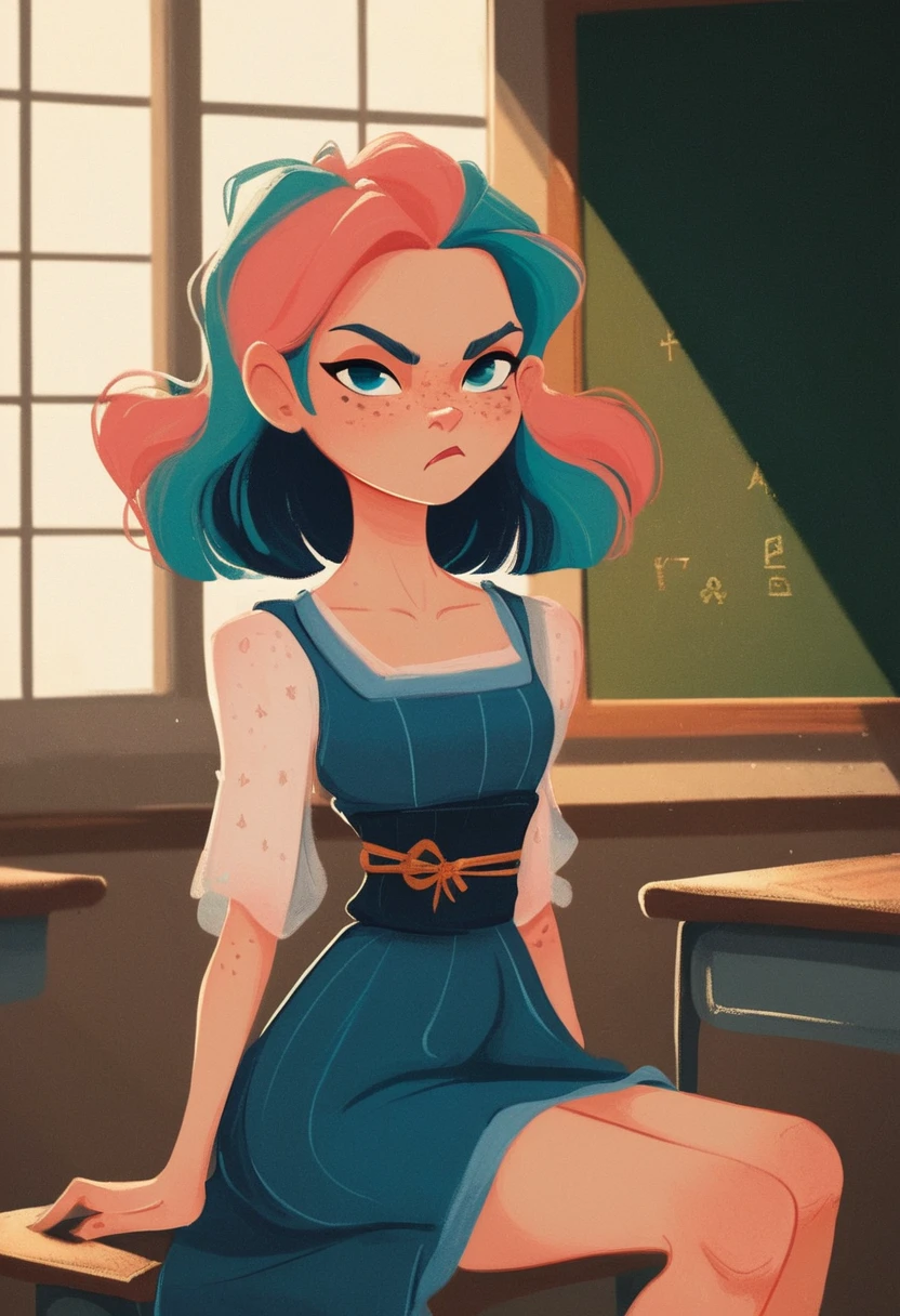 score_9, score_8_up, score_7_up, score_6_up, MSMLN, 1girl, multicolored hair, freckles, dress, sash, sitting, classroom, scowl, looking at viewer