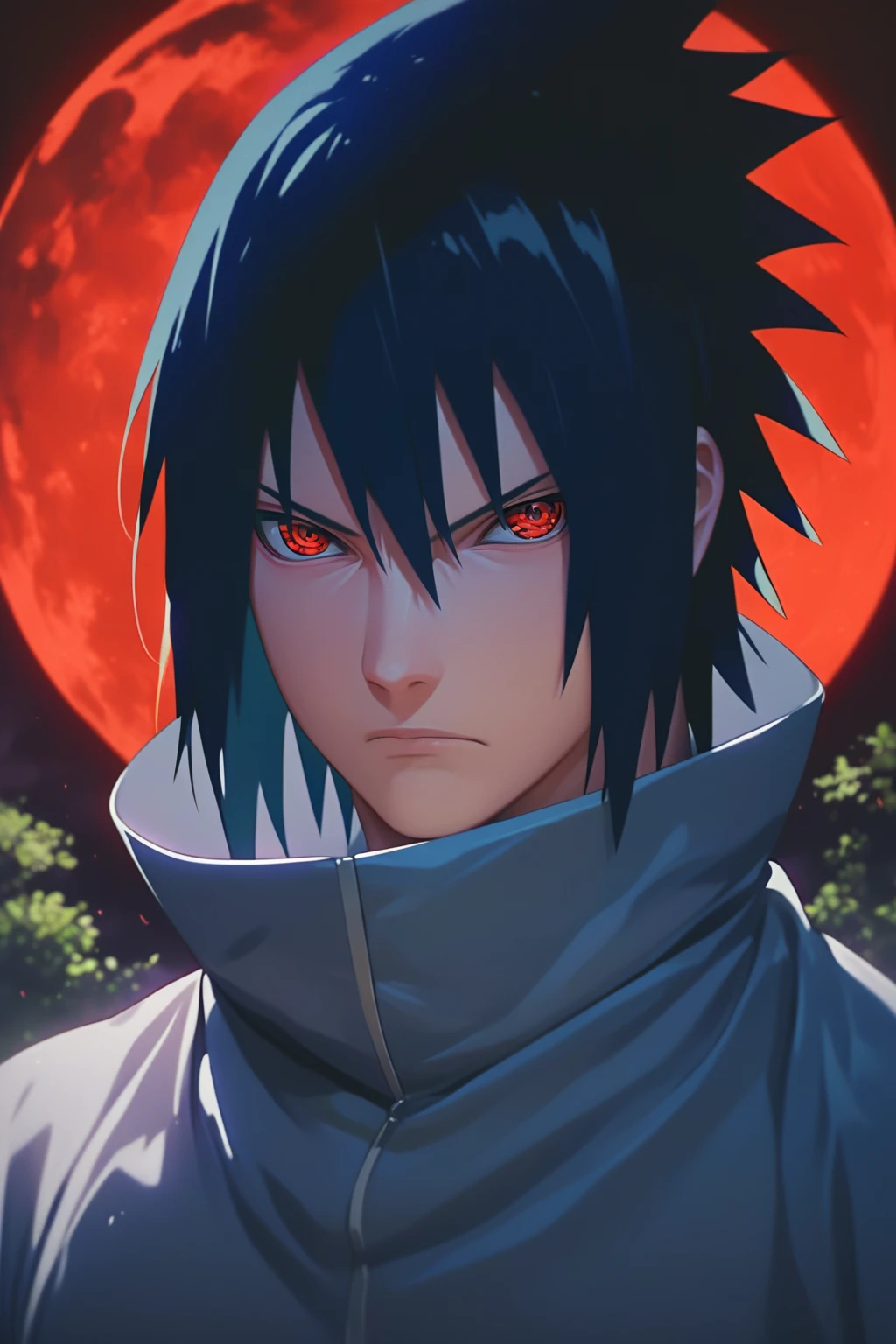 score_9, score_8_up, score_7_up, source_anime, detailed, novel illustration, wallpaper, sasuke uchiha, 1boy, hair between eyes, black hair, red eyes, sharingan, serious, looking at viewer, grey shirt, high collar, portrait, outdoors, night, red moon