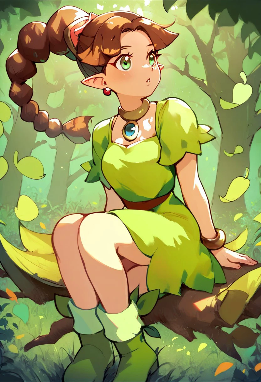 score_9, score_8_up, score_8, score_7, thiana_panepon, green eyes, pointy ears, jewelry, earrings, bracelet, brown hair, long hair, braided ponytail, braid, green dress, green boots, forest background, tree, (leaf:1.1), sitting, grass