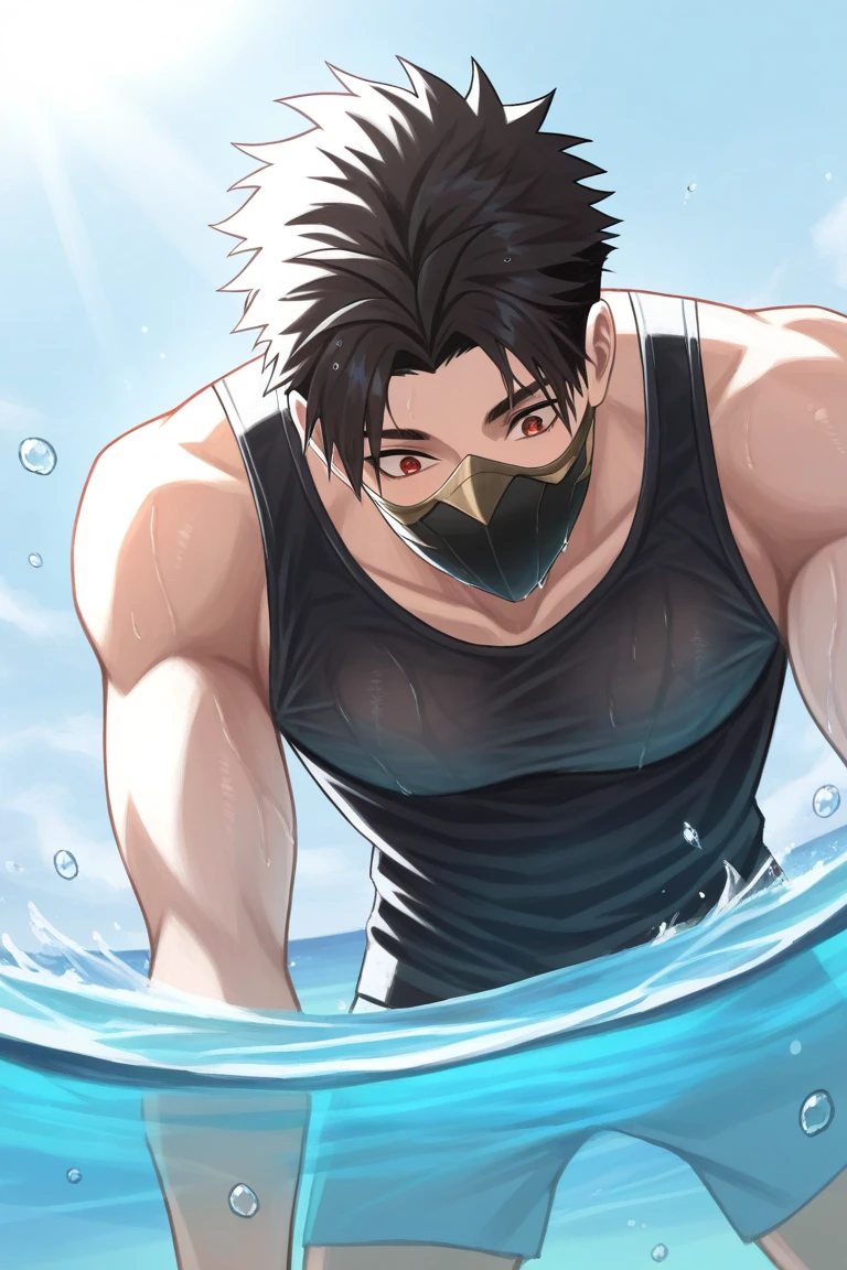 day, natural lighting, summer theme, water, water droplet, water splash, ocean horizon, masked male focus, leaning forward, looking down at viewer, surprised, expressive face, HayabusaML, red_HayabusaML_eyes, black_HayabusaML_spiked hair, mask, summer clothes, wet clothes, black tank top, 1masked male, blurry outdoors, scenery, from below, dutch angle, intricately detailed illustration, masterpiece,best quality,amazing quality,very aesthetic,absurdres,newest