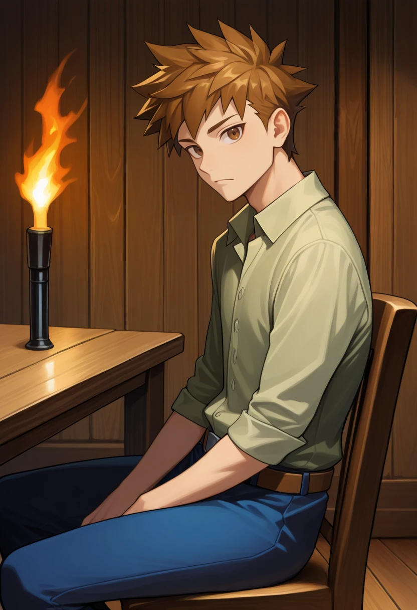 masterpiece, best quality, solo, 1boy, frown, looking at viewer, <lora:Guide-illus_Fp-000005:1>, guidetre, brown hair, brown eyes, short hair, spiked hair, green shirt, collared shirt, belt, blue pants, indoors, wooden floor, wooden wall, wall torch, sitting, chair, table,  from side,