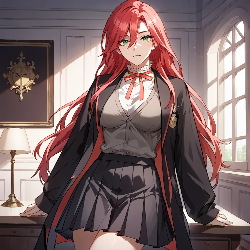 1girl, solo, amy_karmis, green eyes, red hair, long hair, breasts, bangs, hair between eyes, ribbon, neck ribbon, red ribbon, black robe,  white shirt, frilled collar, school uniform, grey cardigan, black skirt, hair twirling, 
looking at viewer, 
score_9, score_8_up, score_7_up, masterpiece,zPDXL3, indoors,
<lora:Amy_Karmis:0.7>